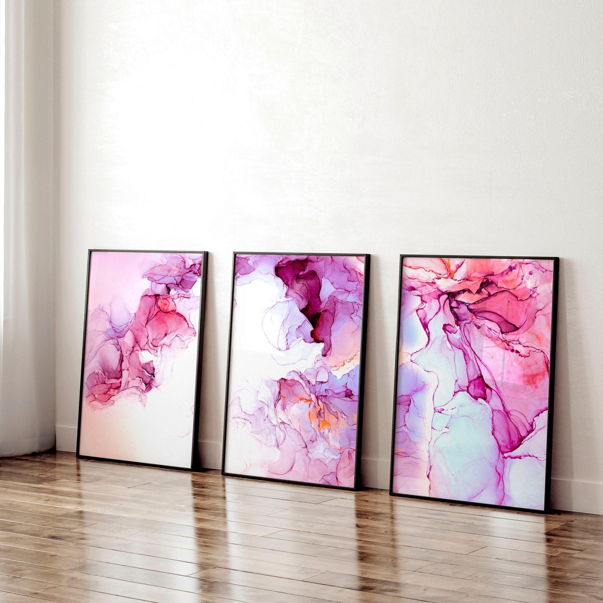 Set of 3 framed abstract wall art prints featuring vibrant Magenta tones and serene whites, perfect for home office decor.