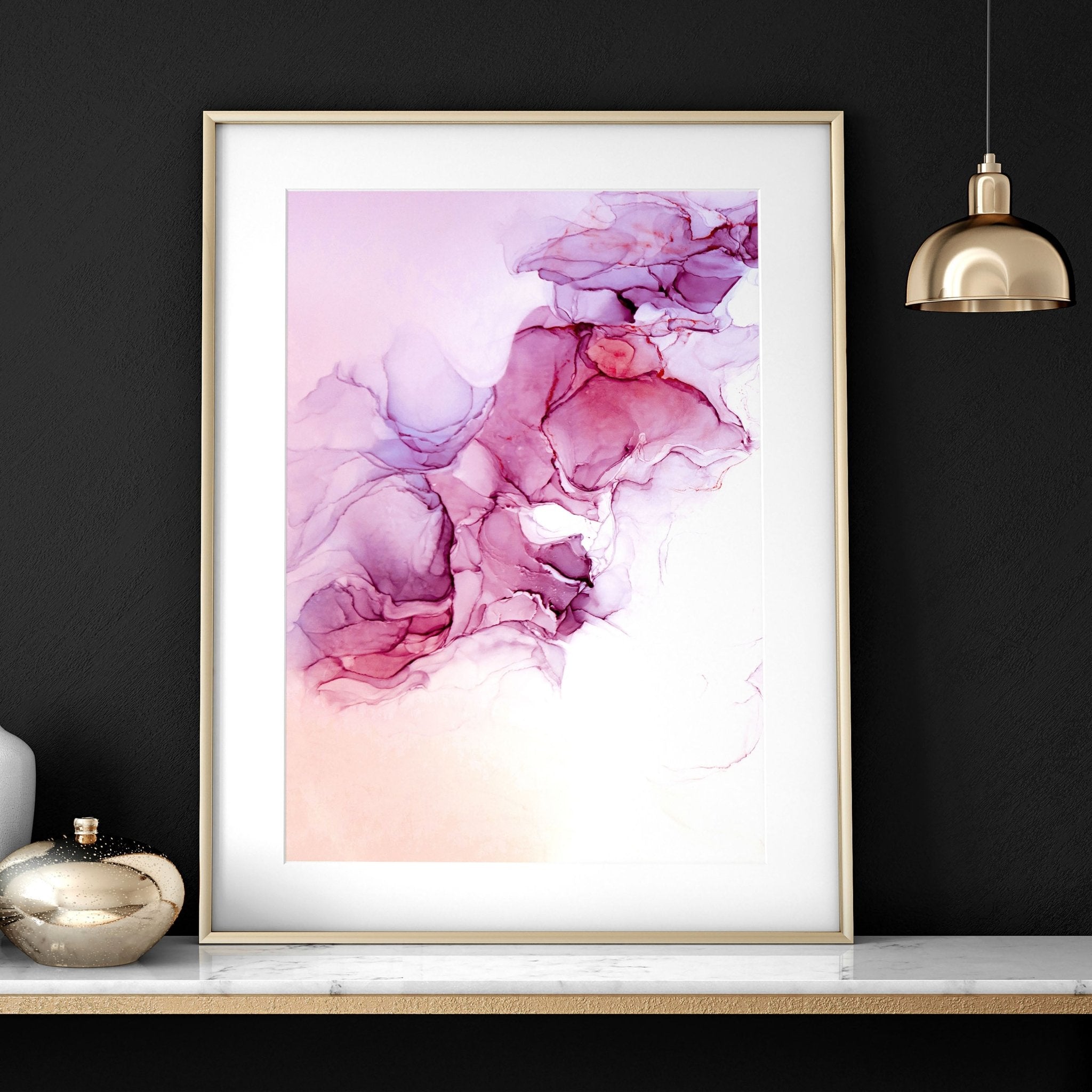 Set of 3 framed abstract wall art prints featuring vibrant Magenta tones and serene whites, perfect for home office decor.