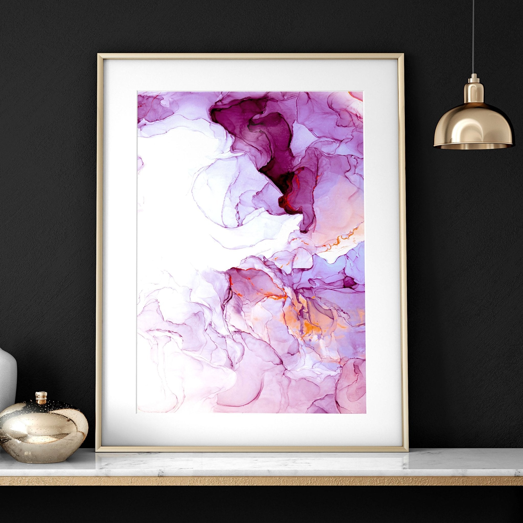 Set of 3 framed abstract wall art prints featuring vibrant Magenta tones and serene whites, perfect for home office decor.