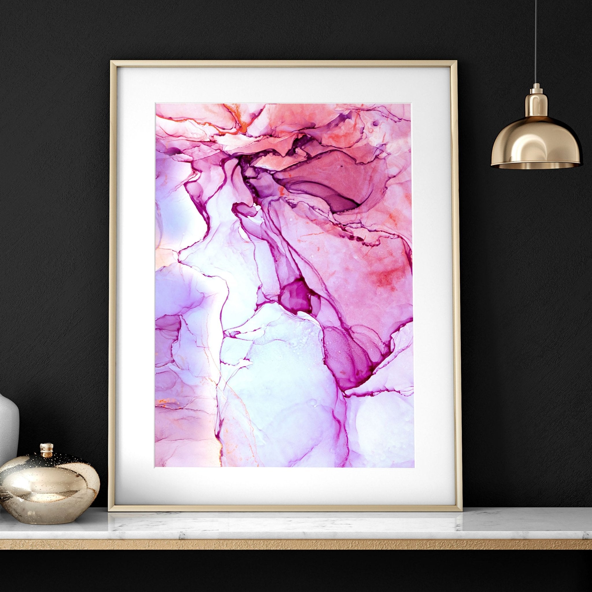 Set of 3 framed abstract wall art prints featuring vibrant Magenta tones and serene whites, perfect for home office decor.