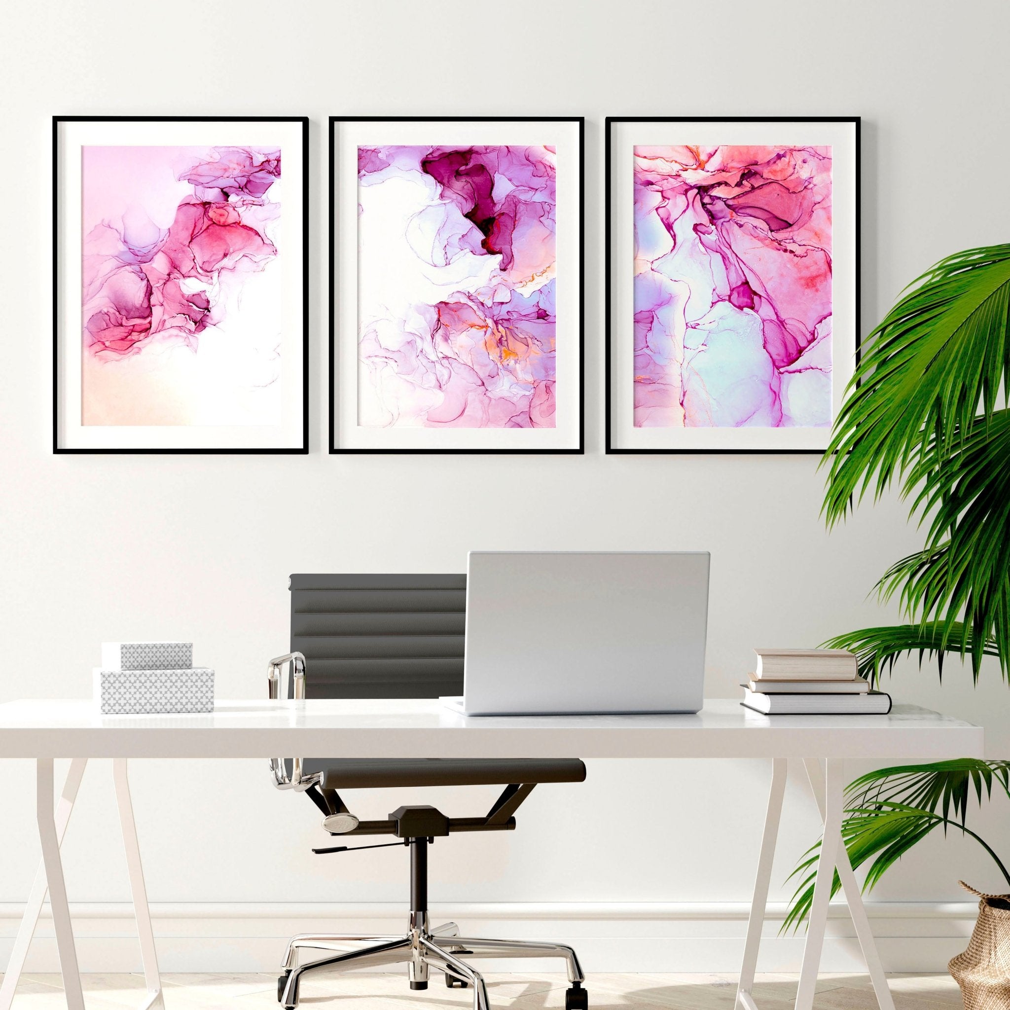 Set of 3 framed abstract wall art prints featuring vibrant Magenta tones and serene whites, perfect for home office decor.