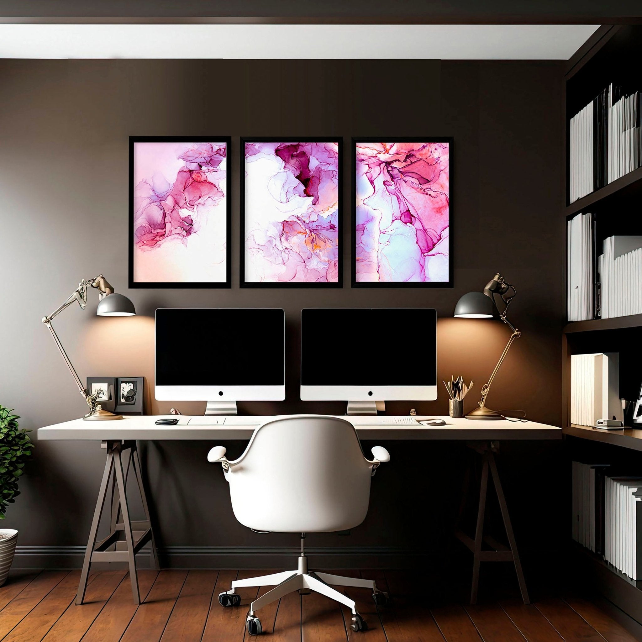 Set of 3 framed abstract wall art prints featuring vibrant Magenta tones and serene whites, perfect for home office decor.