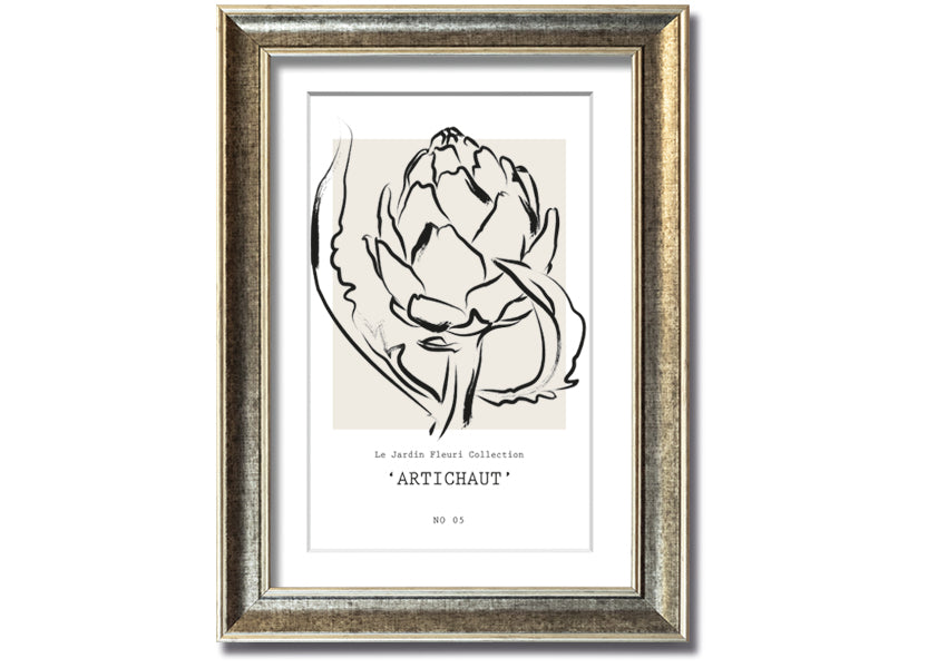 Artichaut framed print showcasing an artichoke design, available in various frame colors, ready to hang.