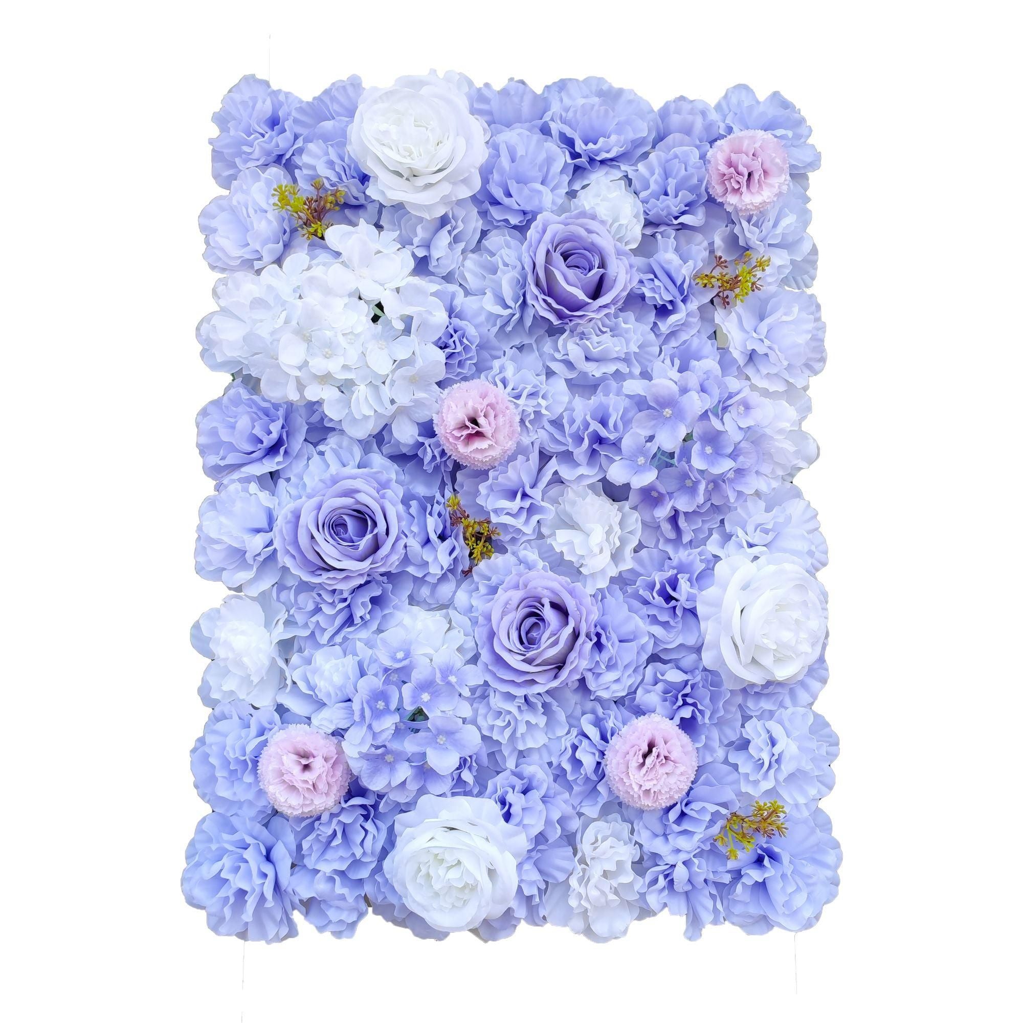 Artificial flower wall panel featuring mixed lilac flowers, measuring 40cm x 60cm, ideal for creating stunning backdrops.