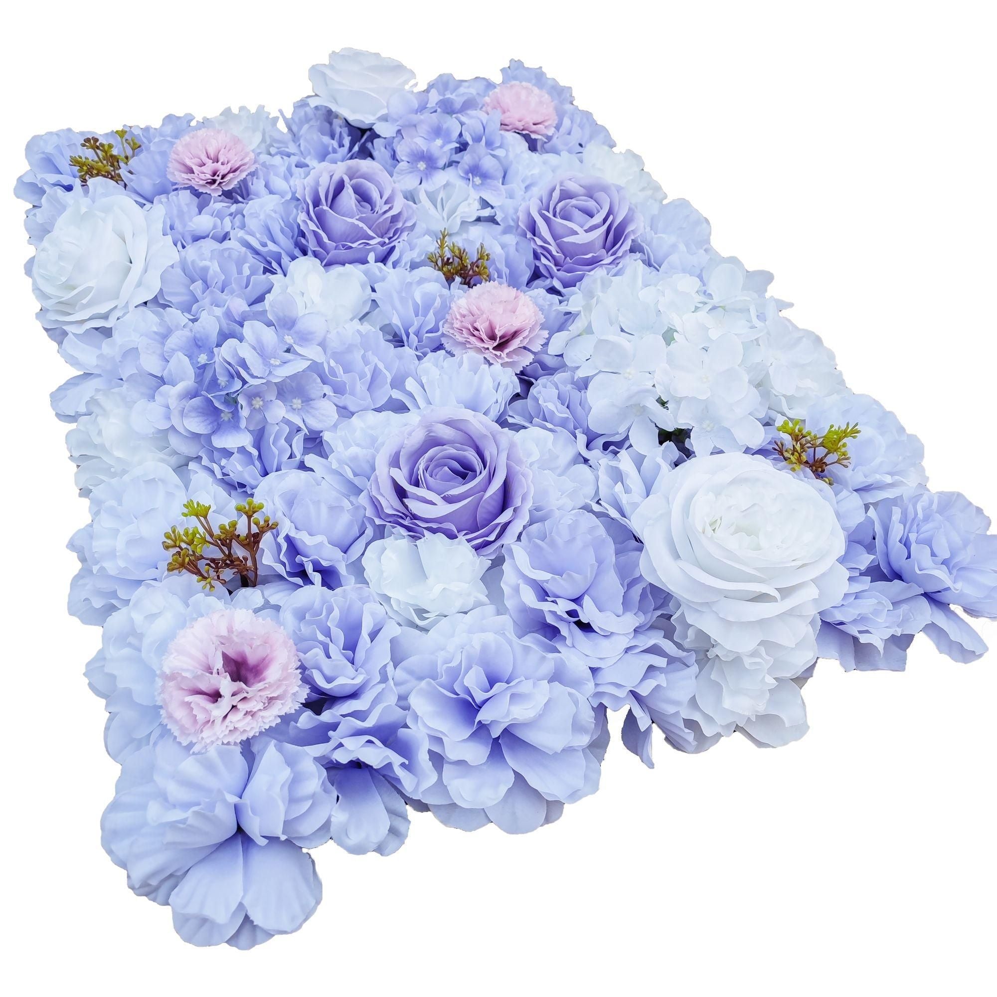 Artificial flower wall panel featuring mixed lilac flowers, measuring 40cm x 60cm, ideal for creating stunning backdrops.