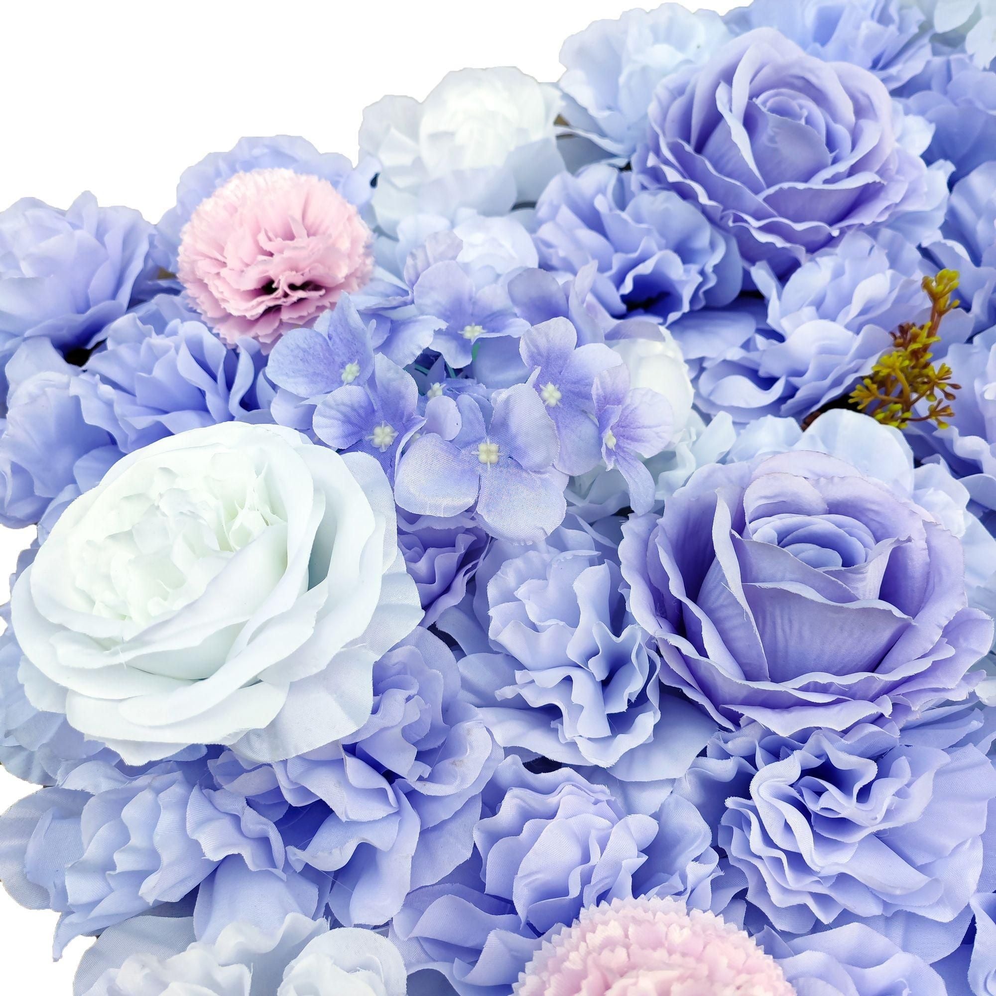 Artificial flower wall panel featuring mixed lilac flowers, measuring 40cm x 60cm, ideal for creating stunning backdrops.