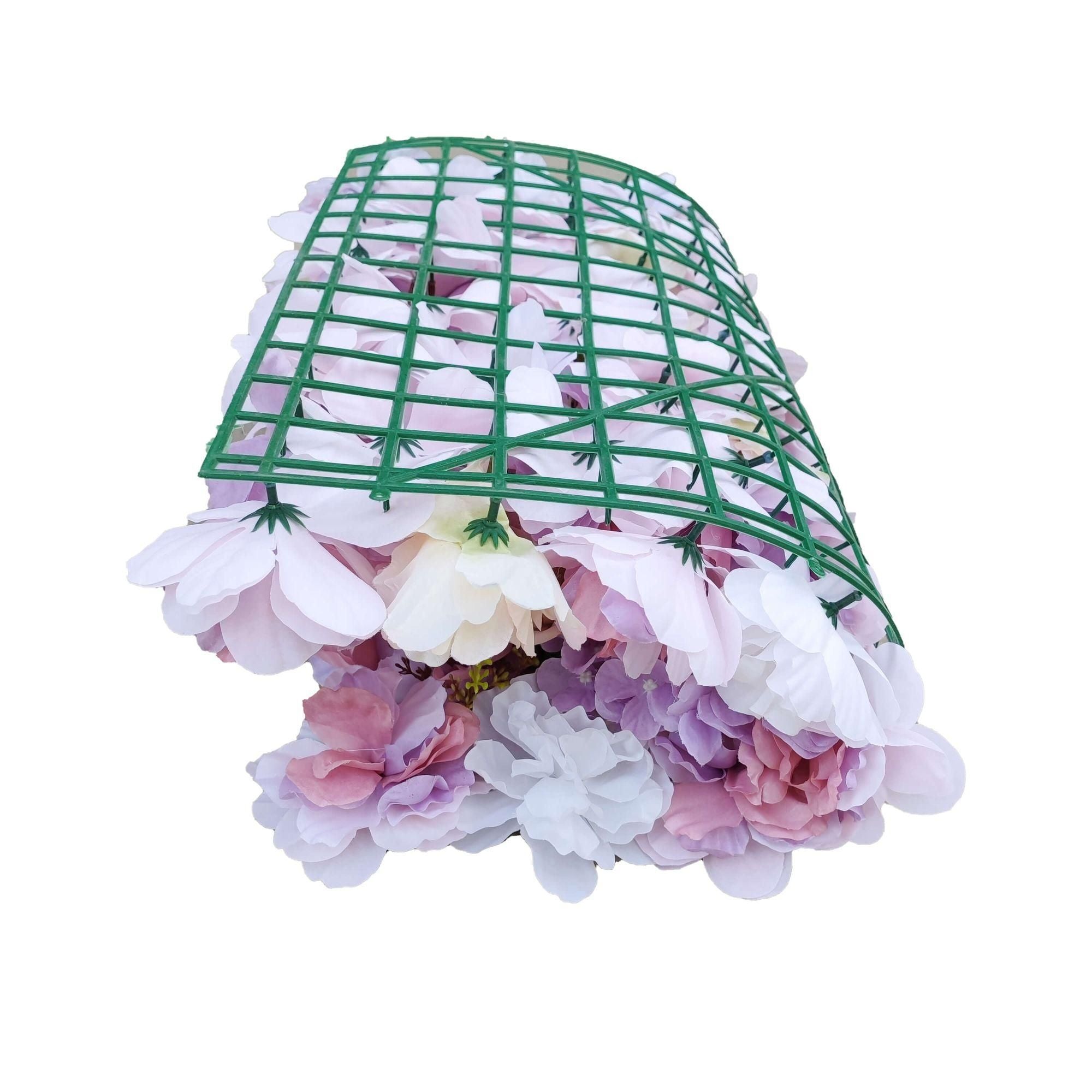 Artificial Flower Wall Backdrop Panel featuring mixed pink and white silk flowers, ideal for creating stunning photo backdrops.