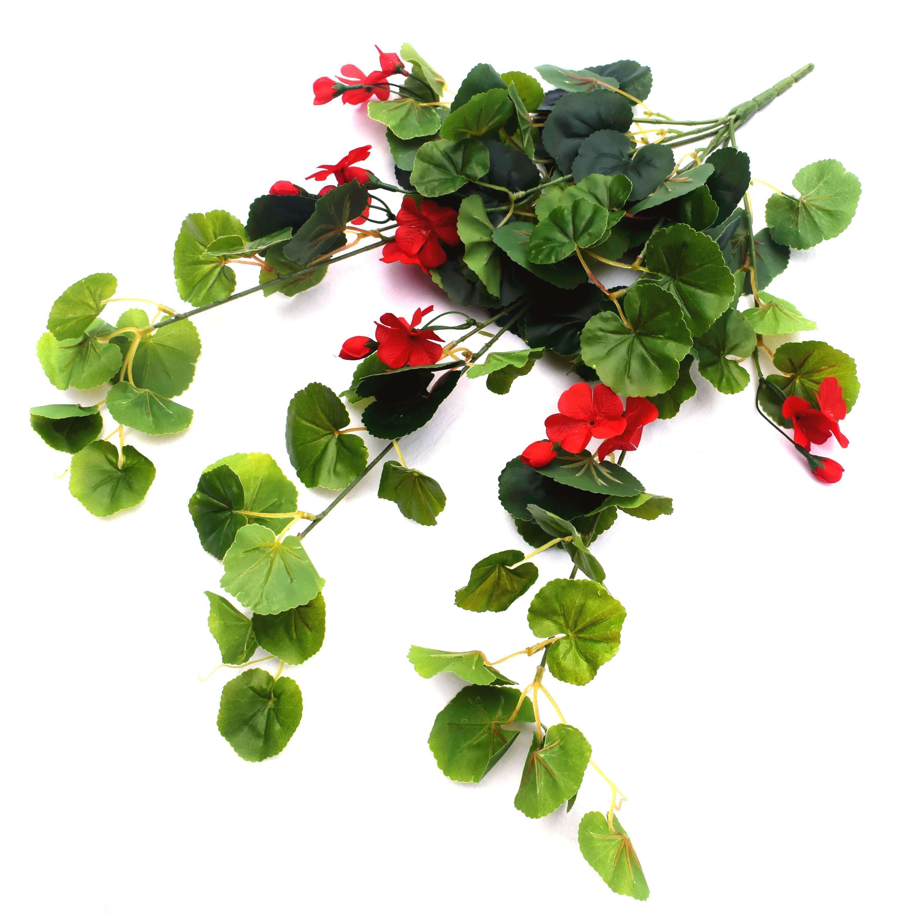 A 60cm artificial geranium hanging bush featuring vibrant red flowers and lush green leaves, perfect for indoor and outdoor decoration.