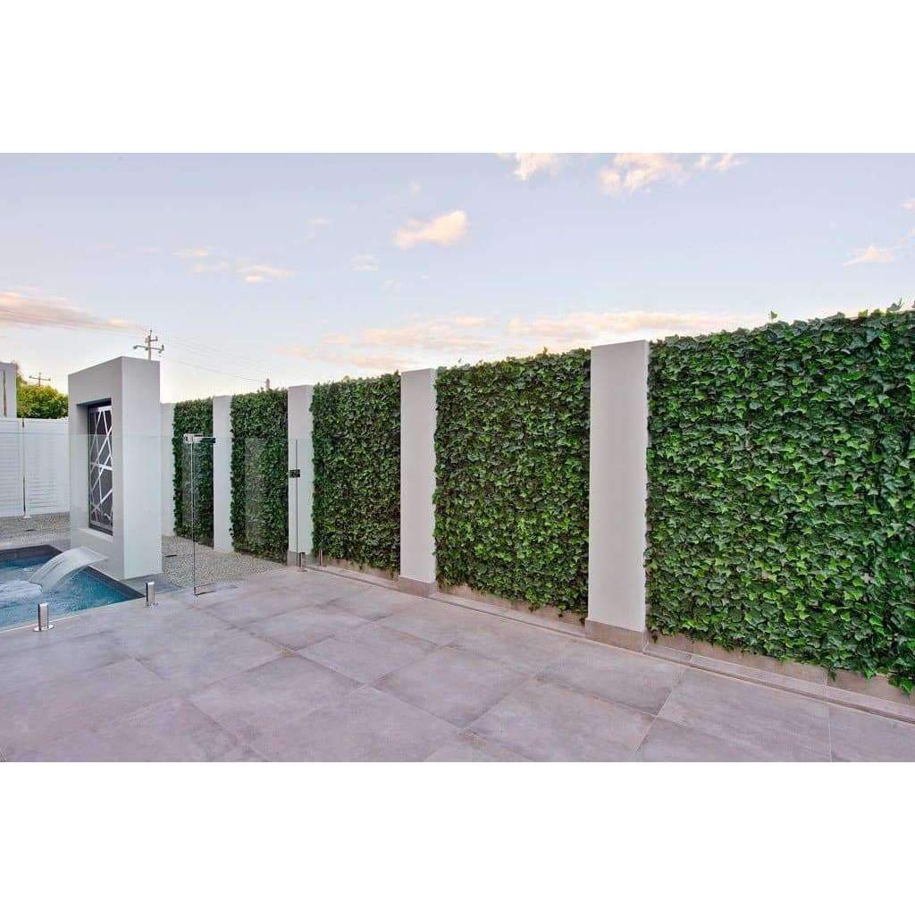 Modern patio with greenery partitions.