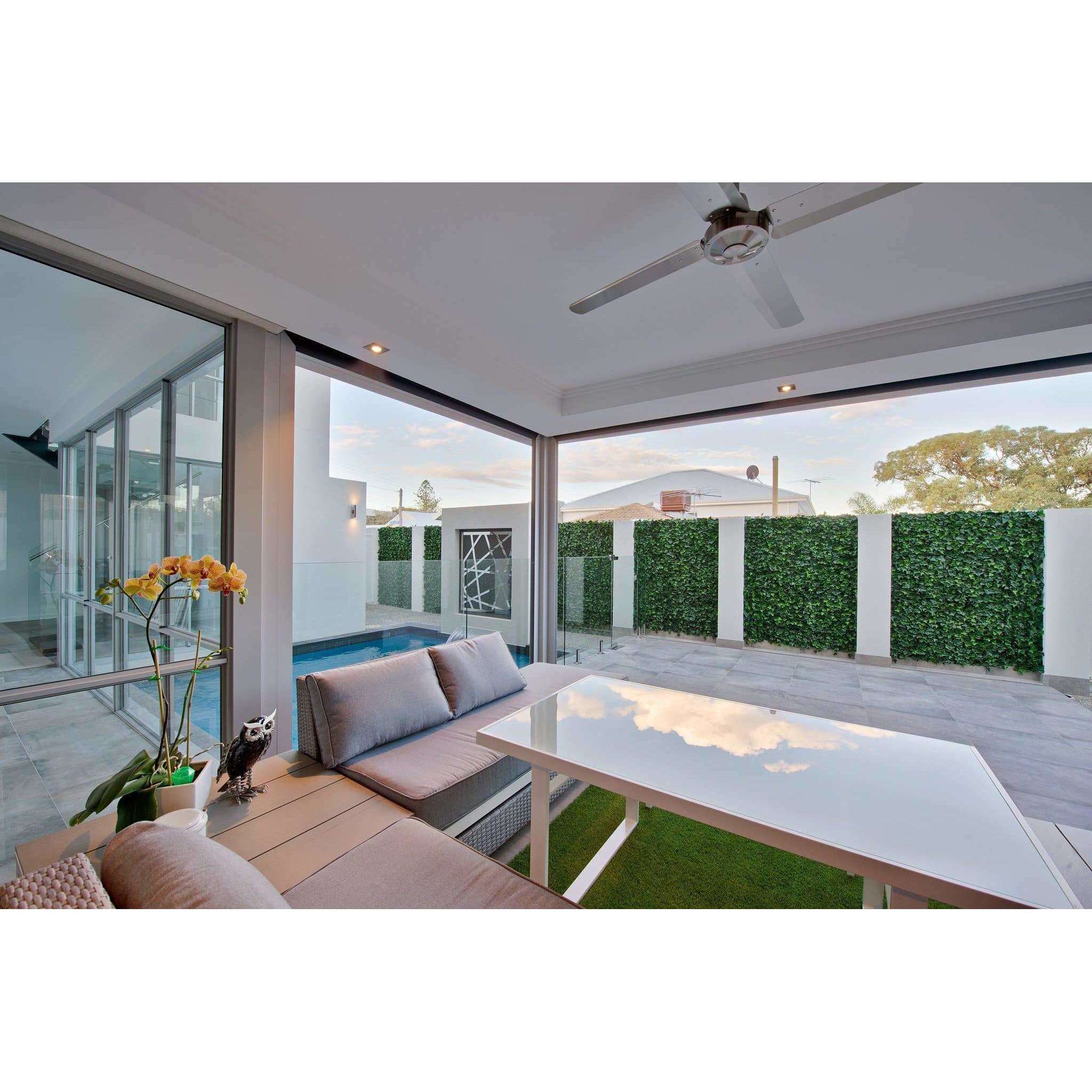 Modern patio with outdoor seating.