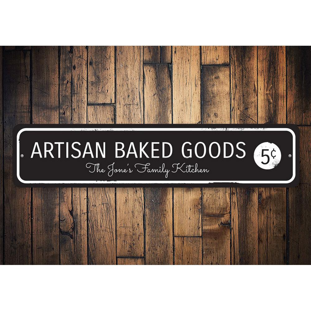 Artisan Baked Goods Sign made of high-quality aluminum, featuring customizable text and pre-drilled holes for easy mounting.