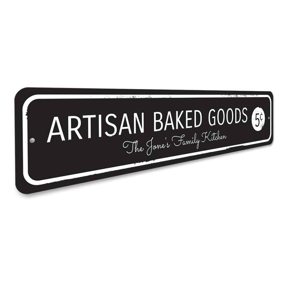 Artisan Baked Goods Sign made of high-quality aluminum, featuring customizable text and pre-drilled holes for easy mounting.