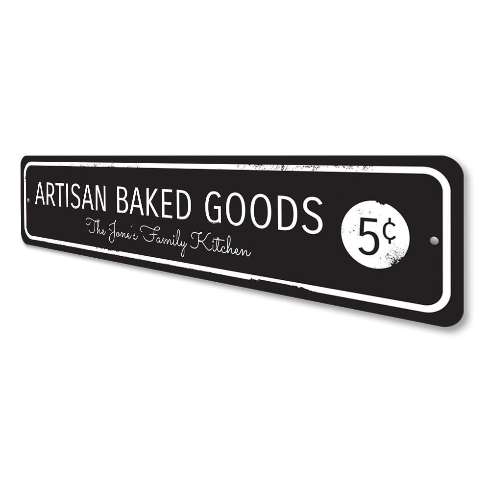 Artisan Baked Goods Sign made of high-quality aluminum, featuring customizable text and pre-drilled holes for easy mounting.