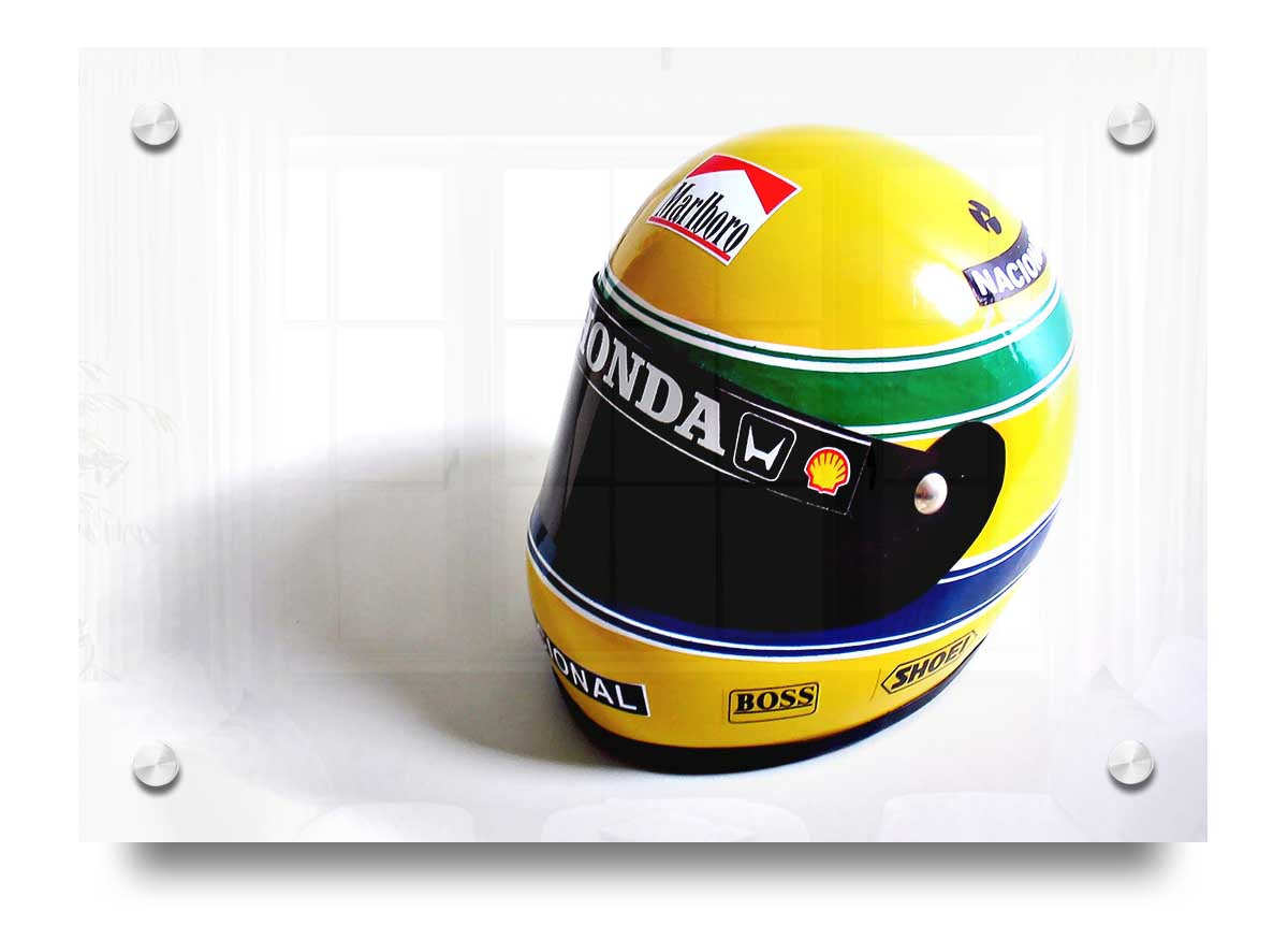 Acrylic print of Arton Senna's helmet, showcasing vibrant colors and sleek design, perfect for motorsport enthusiasts.