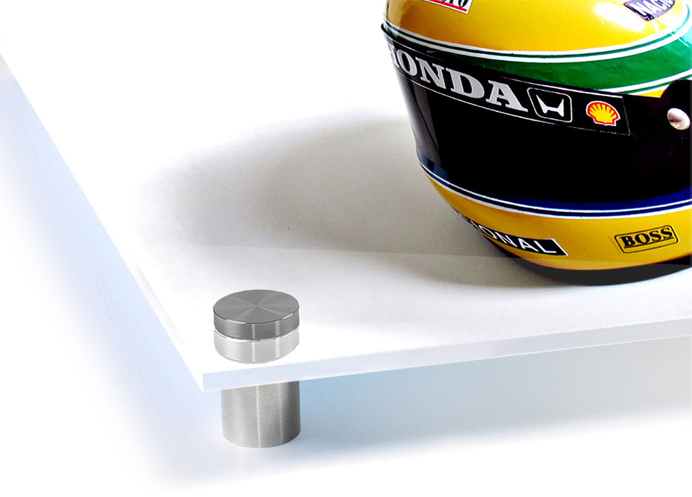 Acrylic print of Arton Senna's helmet, showcasing vibrant colors and sleek design, perfect for motorsport enthusiasts.