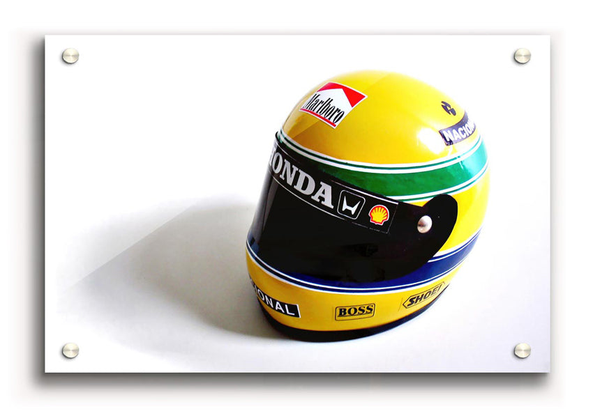 Acrylic print of Arton Senna's helmet, showcasing vibrant colors and sleek design, perfect for motorsport enthusiasts.