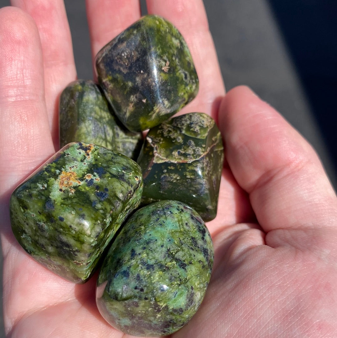 Asterite Serpentine crystal showcasing its vitreous green luster and unique veining patterns, perfect for metaphysical use.