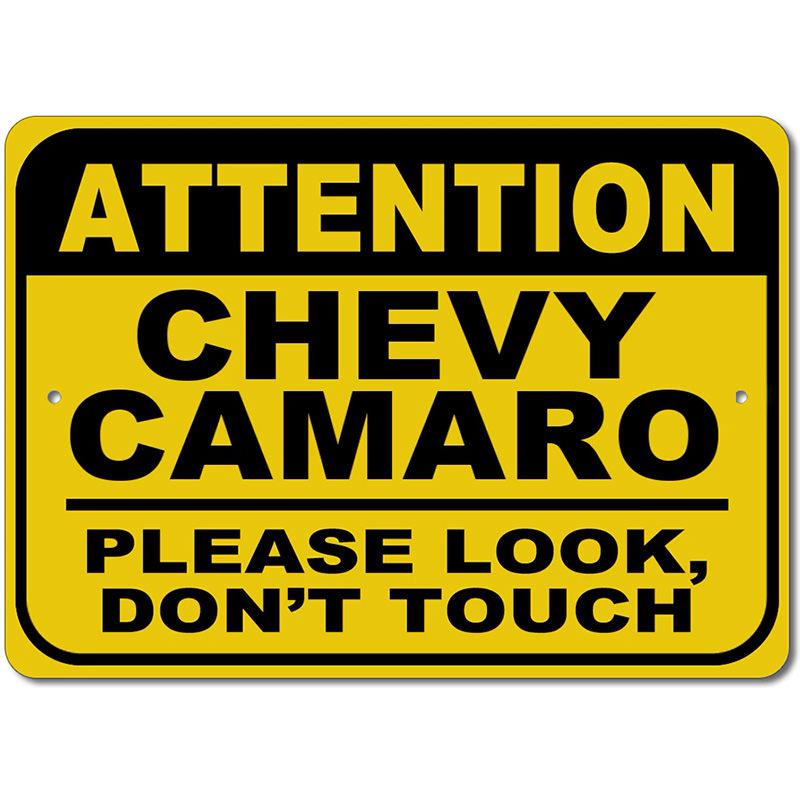 Attention Car Sign made of high-quality aluminum, customizable with personal text, featuring iconic car brands, perfect for man caves and garages.