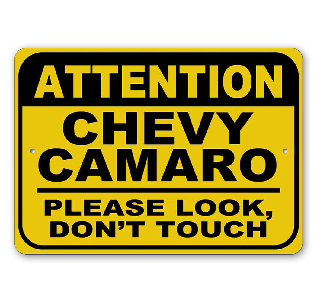 Attention Car Sign made of high-quality aluminum, customizable with personal text, featuring iconic car brands, perfect for man caves and garages.