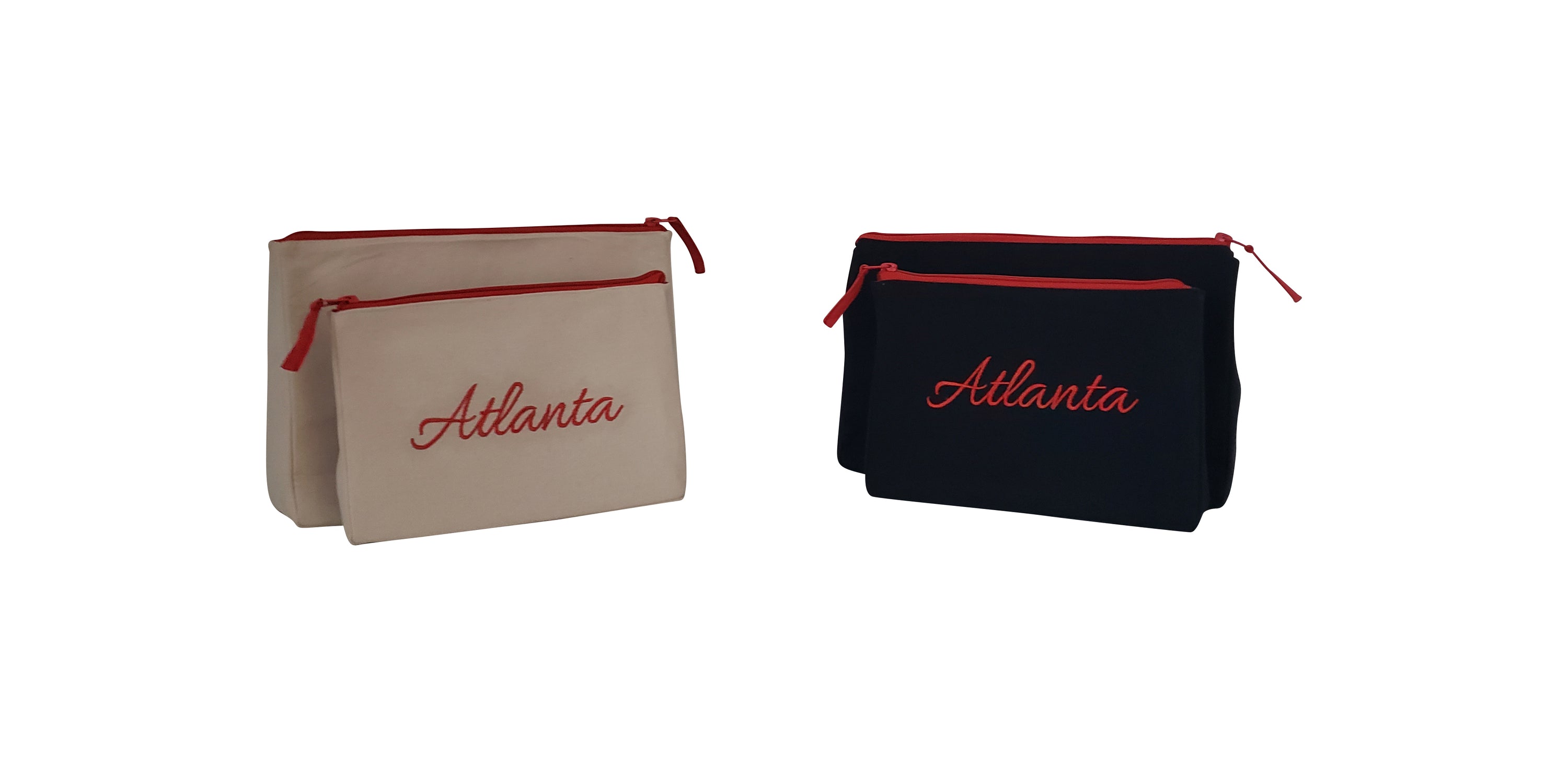 Atlanta Makeup Bag set featuring embroidered skyline design on cream and black cotton canvas with red waterproof lining.