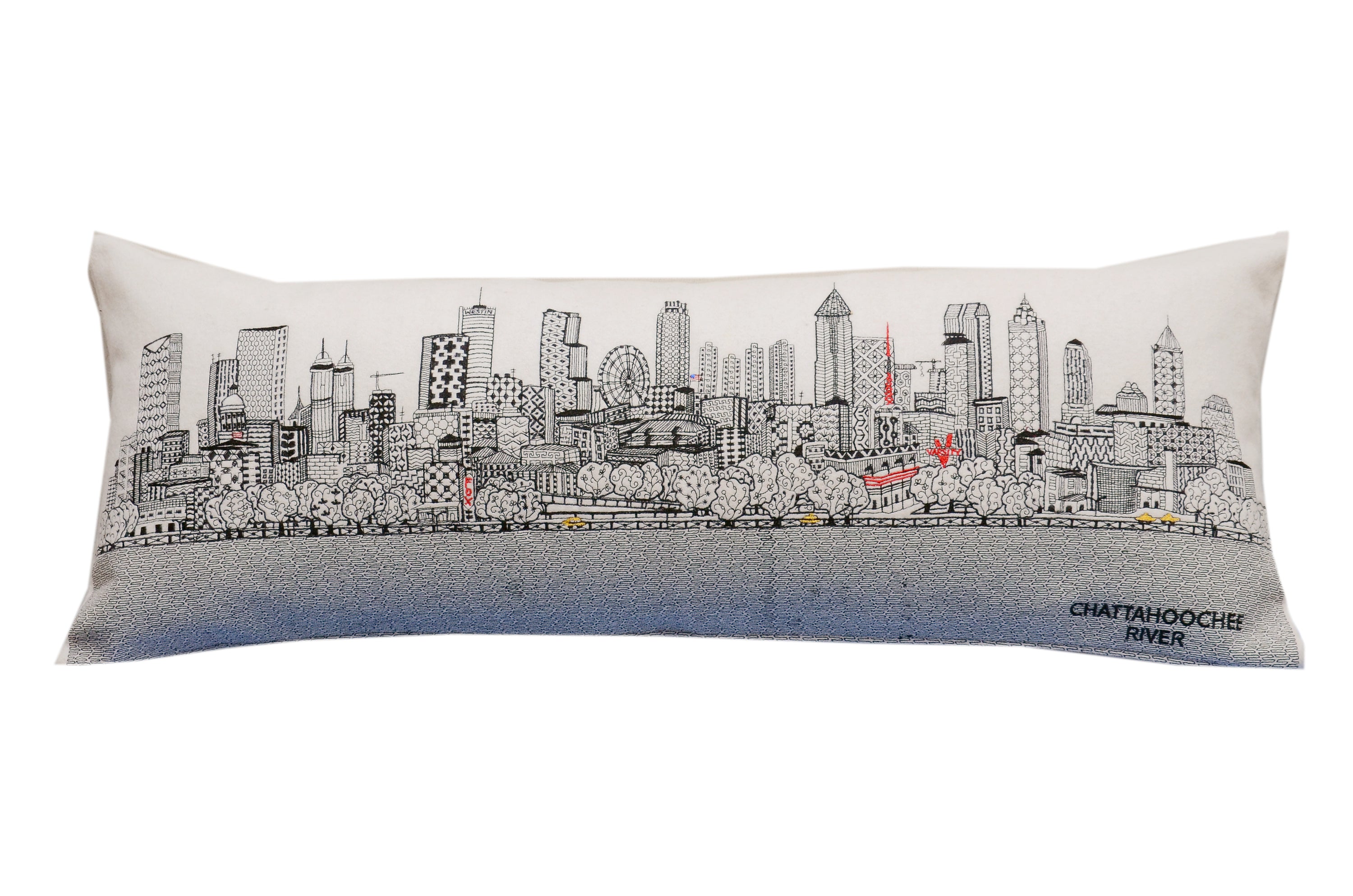 Atlanta Pillow featuring embroidered landmarks of Atlanta, Georgia, with a red zipper at the bottom.