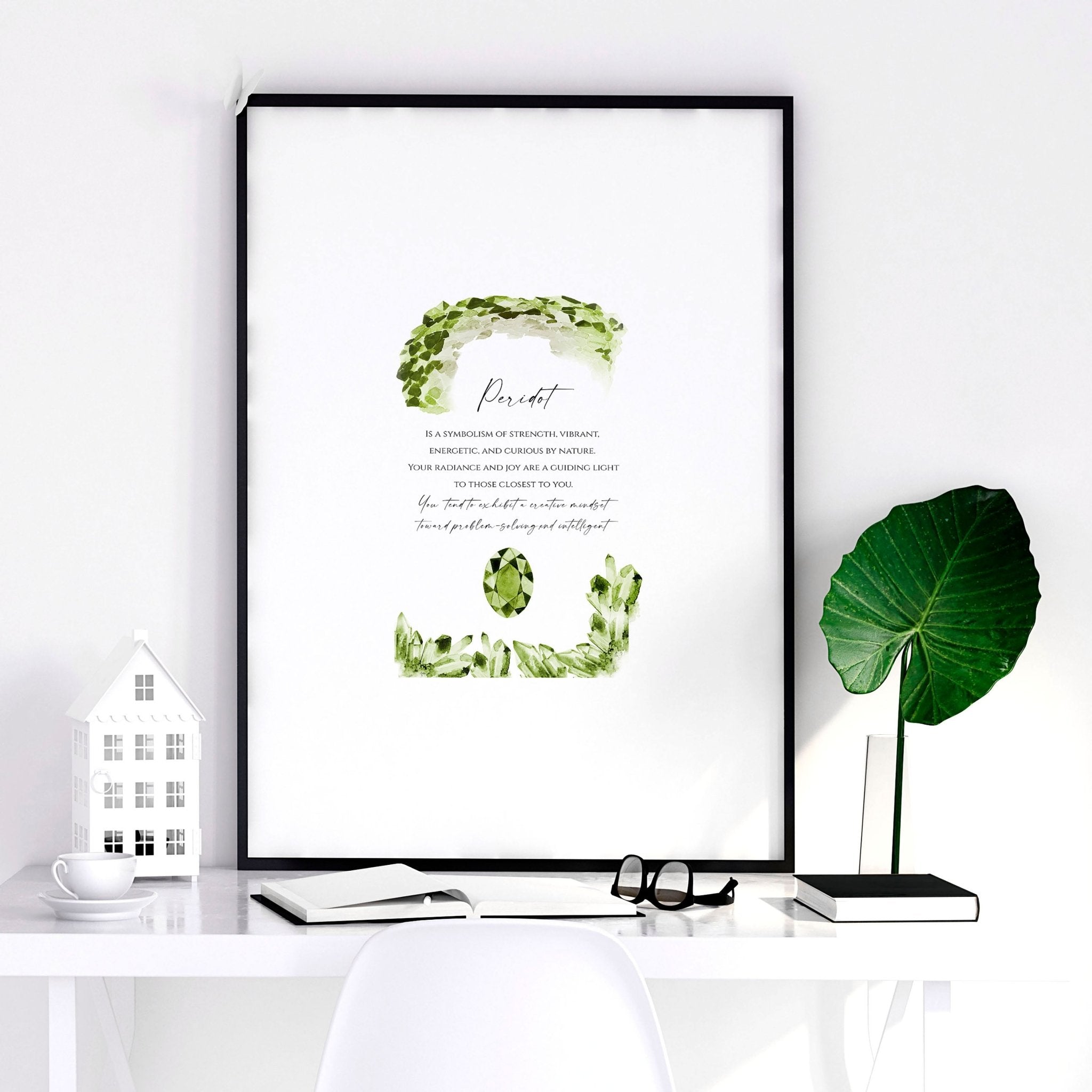 August Peridot birthstone wall art print featuring vibrant green hues and intricate design, perfect for home decor.