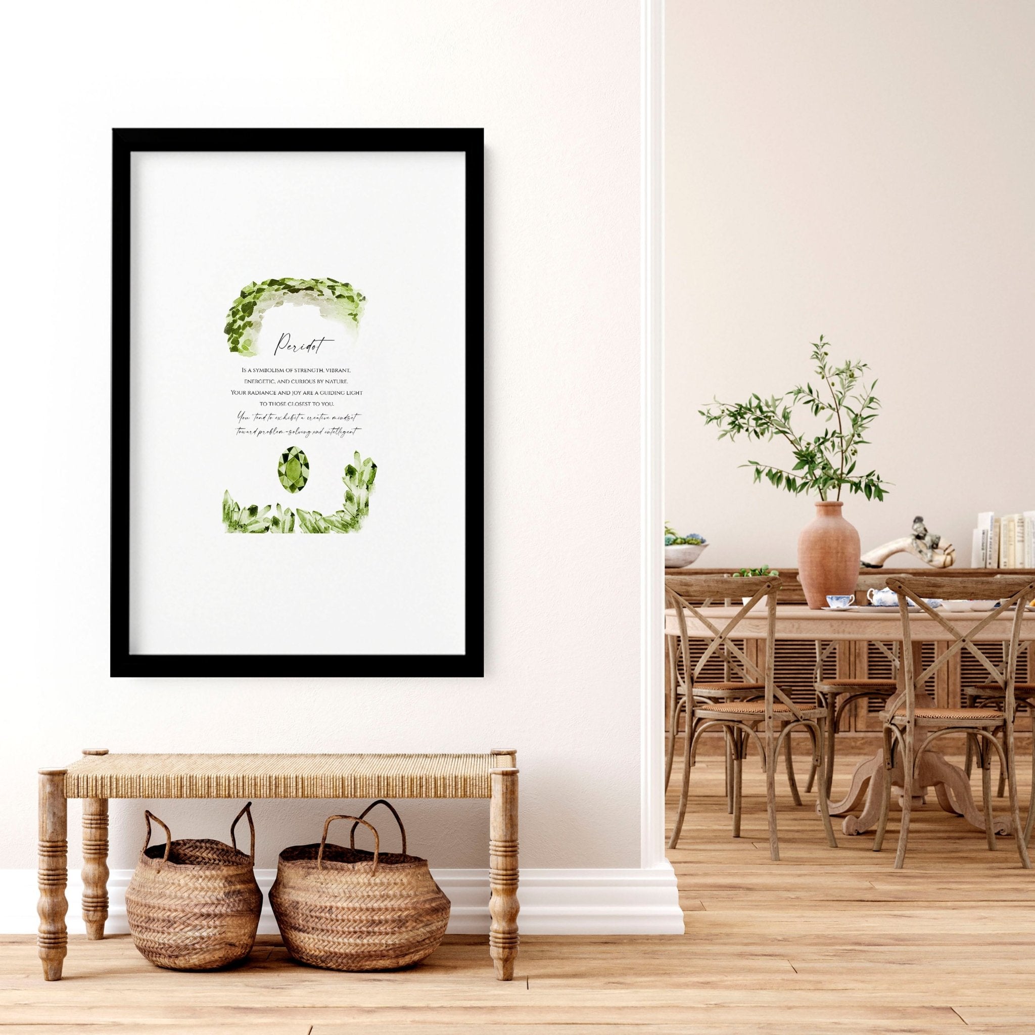 August Peridot birthstone wall art print featuring vibrant green hues and intricate design, perfect for home decor.