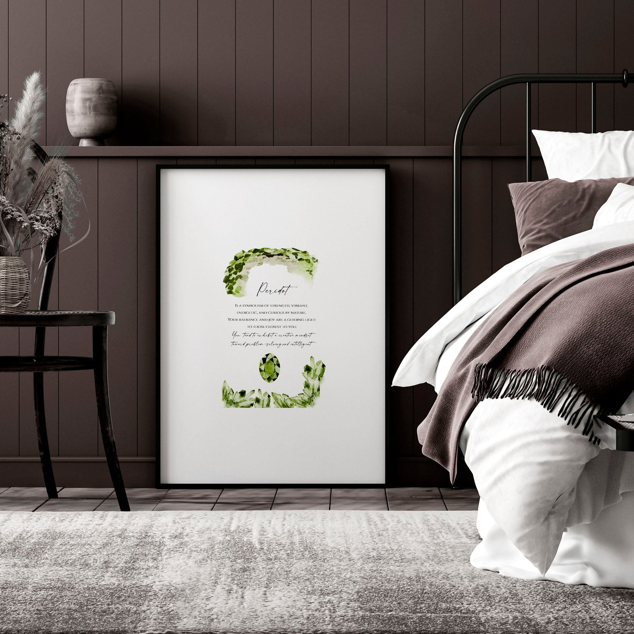 August Peridot birthstone wall art print featuring vibrant green hues and intricate design, perfect for home decor.