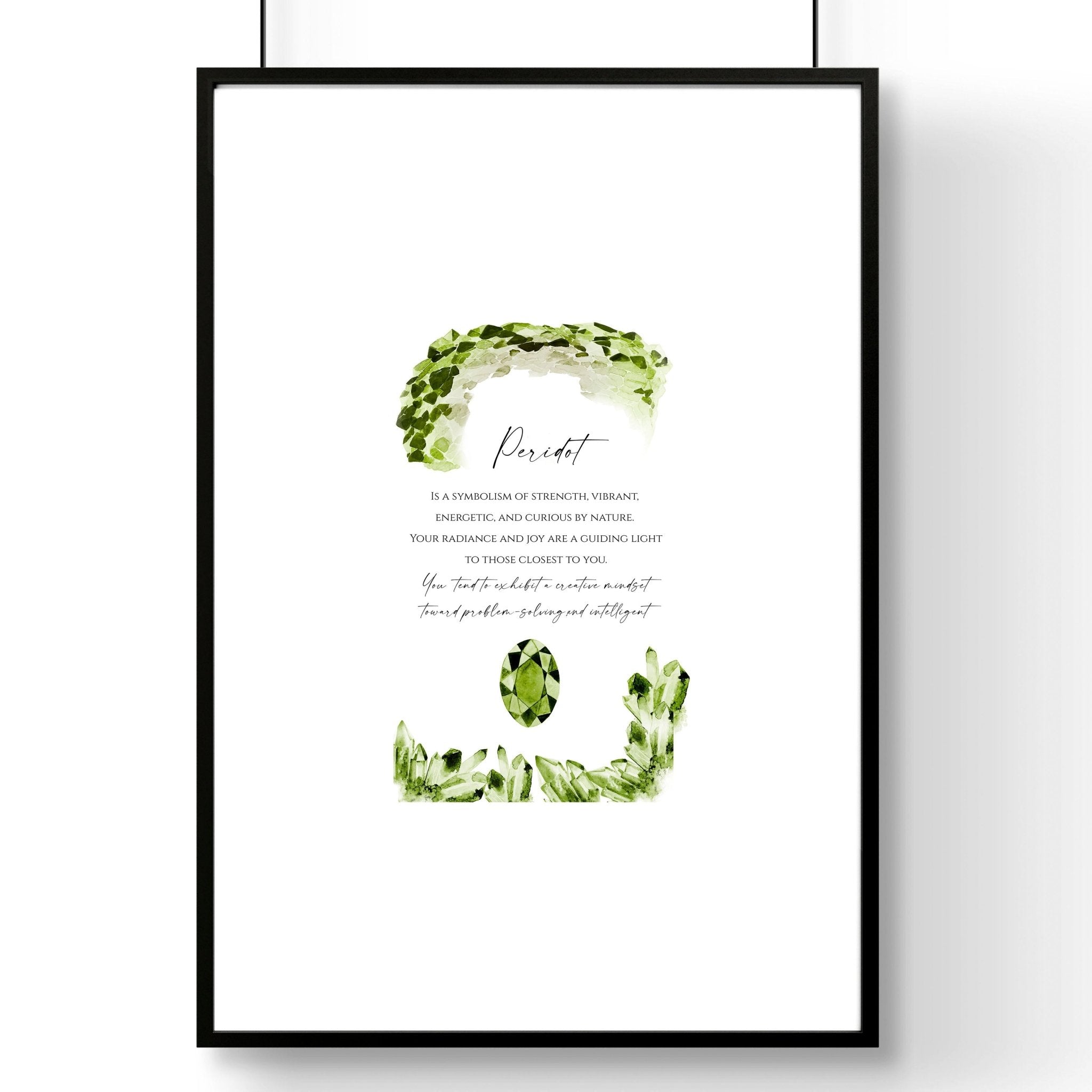 August Peridot birthstone wall art print featuring vibrant green hues and intricate design, perfect for home decor.