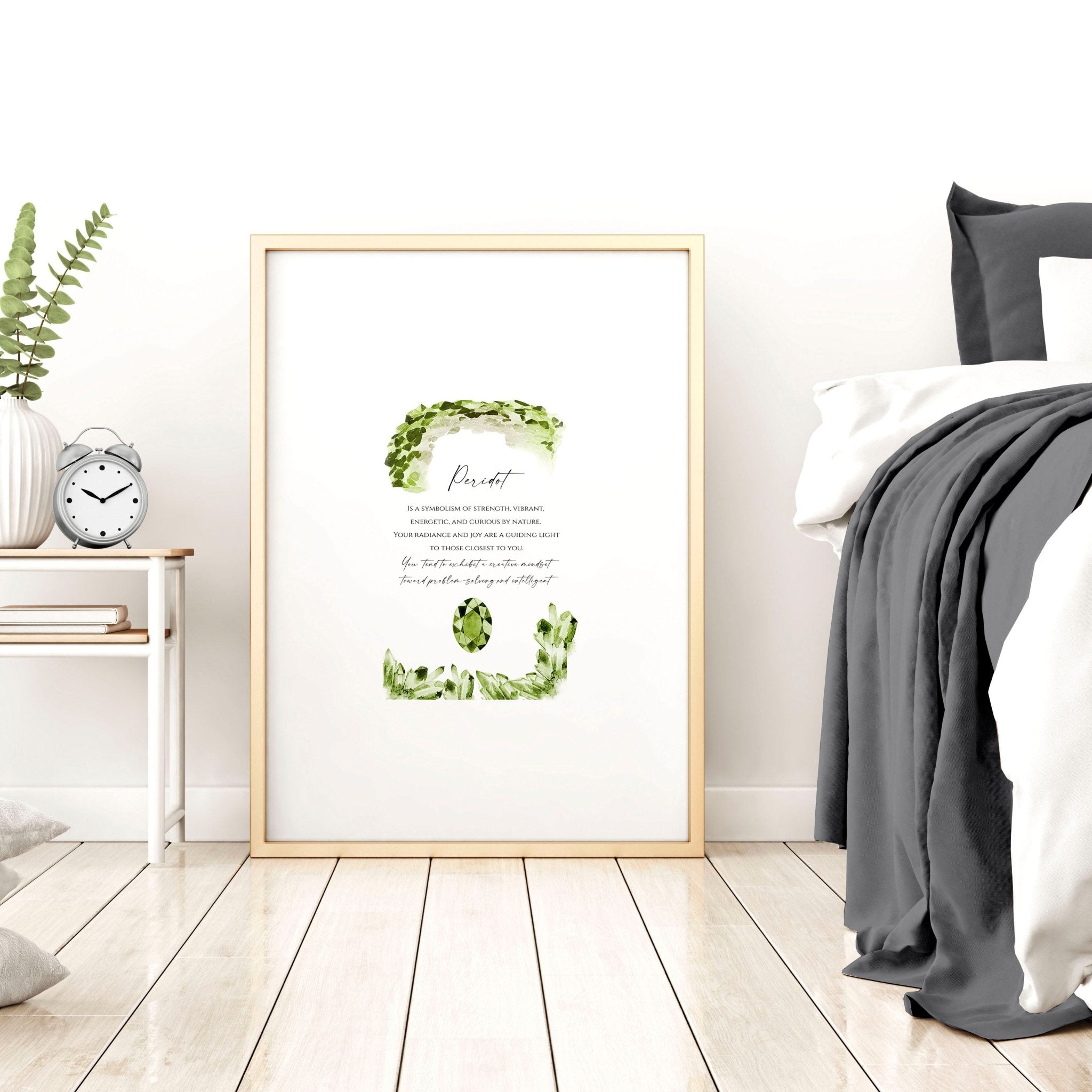 August Peridot birthstone wall art print featuring vibrant green hues and intricate design, perfect for home decor.