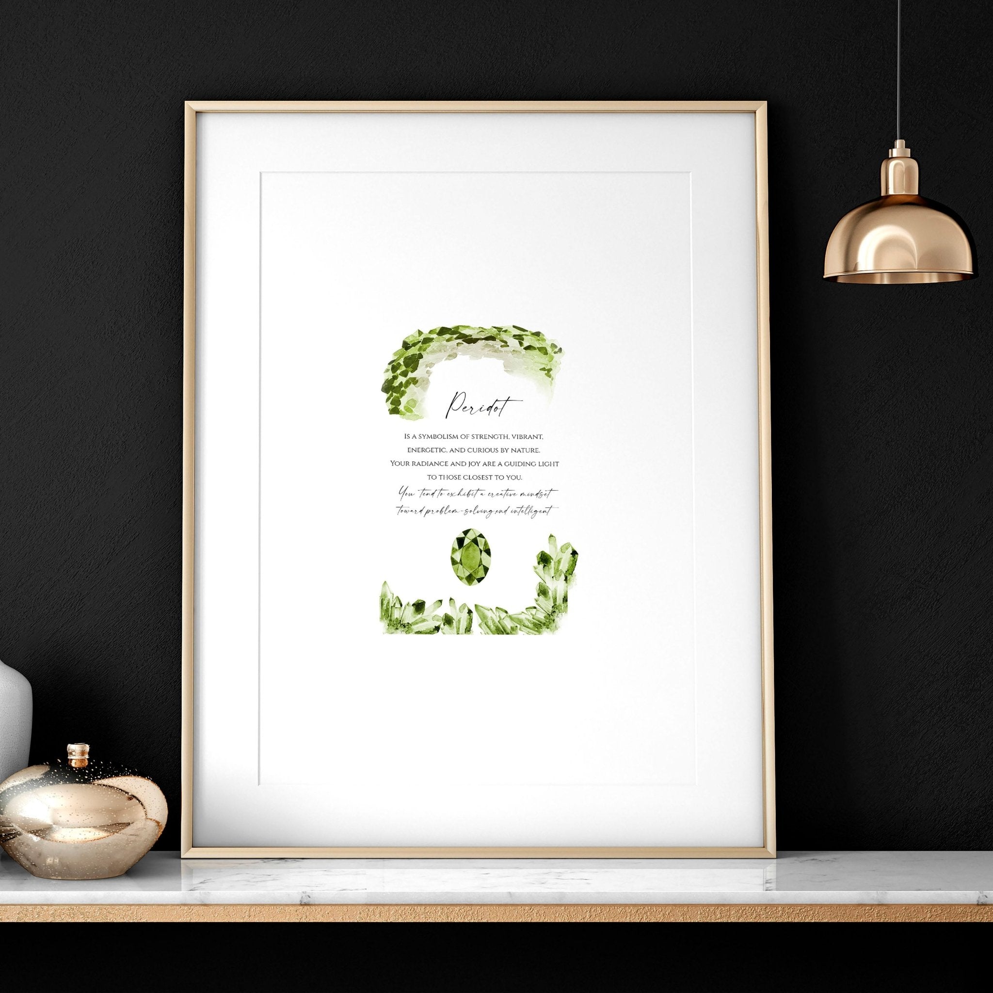 August Peridot birthstone wall art print featuring vibrant green hues and intricate design, perfect for home decor.