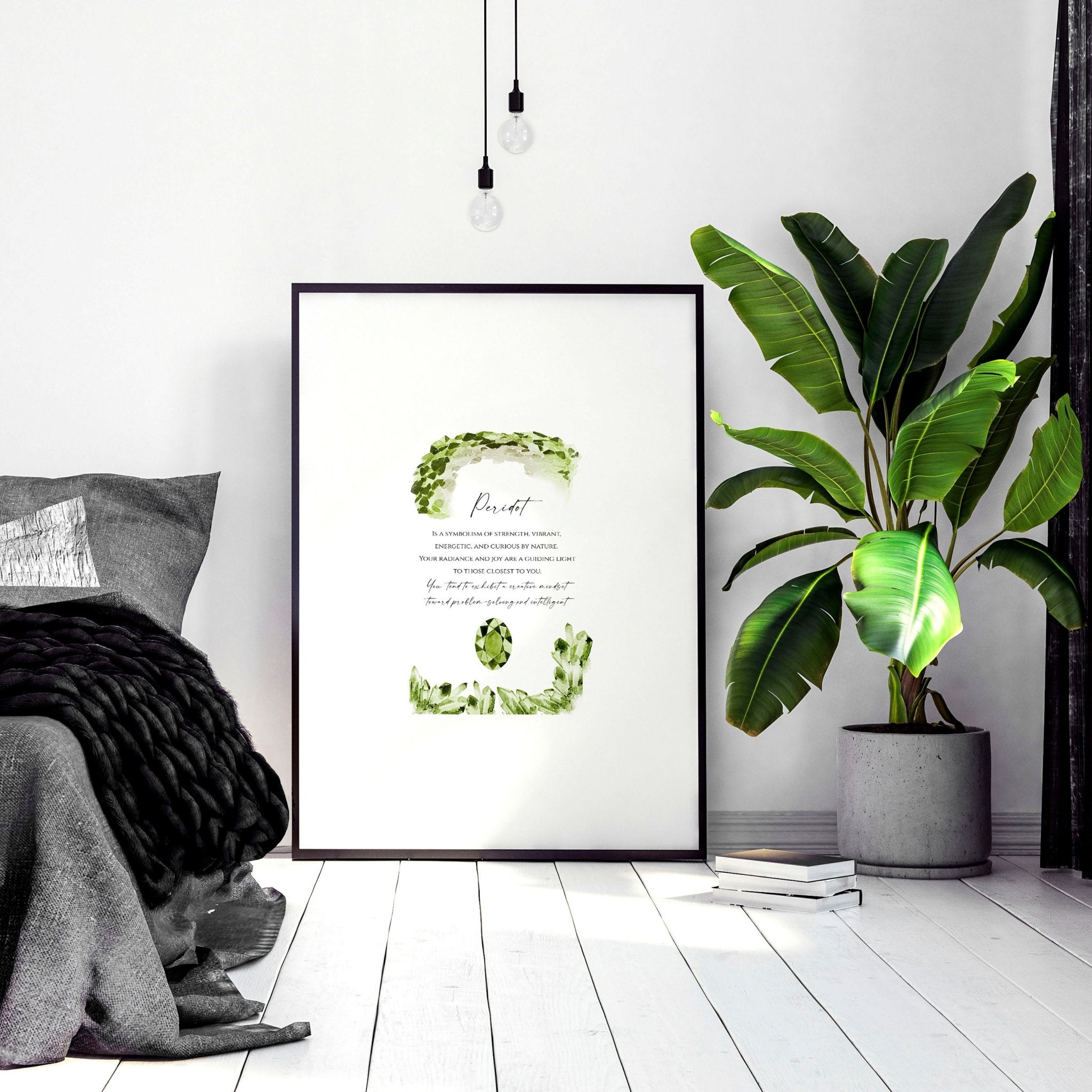 August Peridot birthstone wall art print featuring vibrant green hues and intricate design, perfect for home decor.