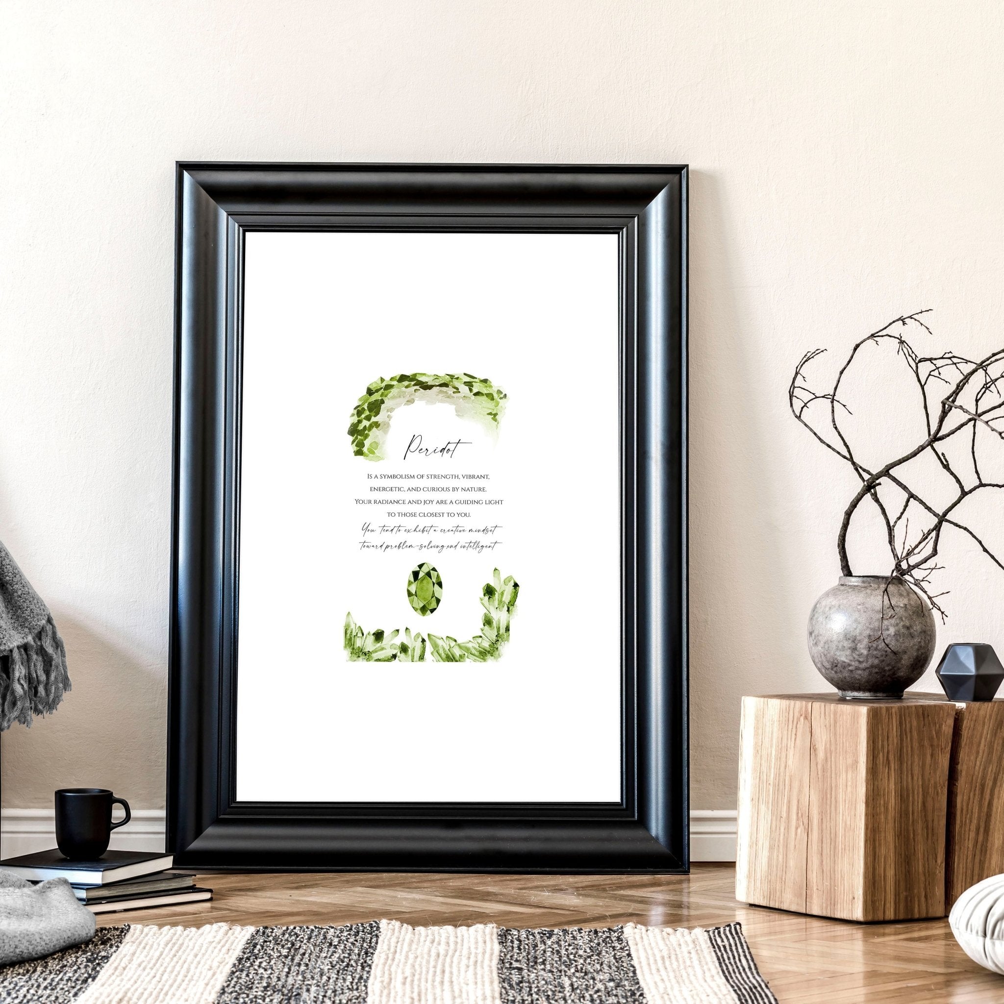 August Peridot birthstone wall art print featuring vibrant green hues and intricate design, perfect for home decor.