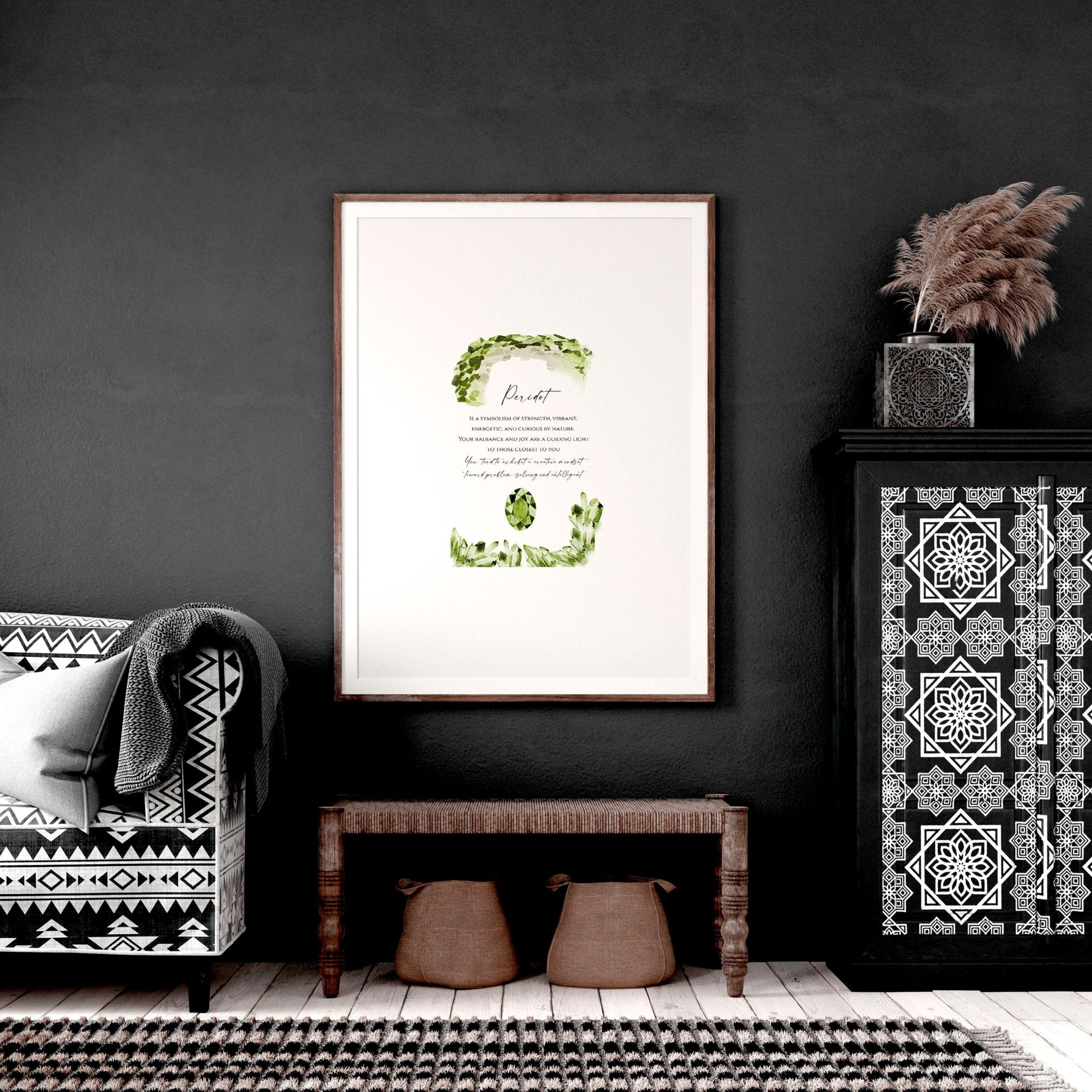 August Peridot birthstone wall art print featuring vibrant green hues and intricate design, perfect for home decor.