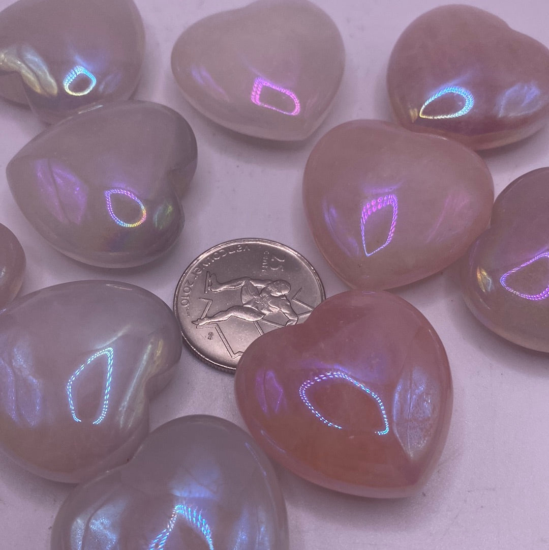 Aura Rose Quartz Heart (30mm) with shimmering pink and gold colors, perfect for healing and meditation.