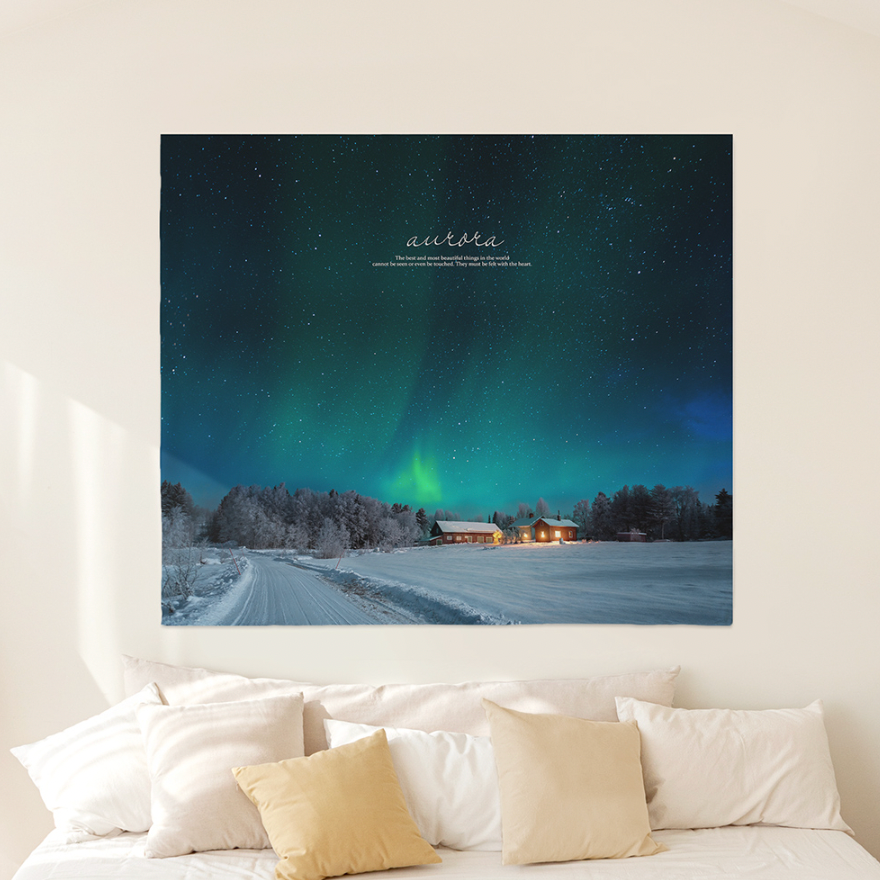 Aurora fabric poster measuring 150cm x 130cm, featuring a modern design, displayed against a neutral background.