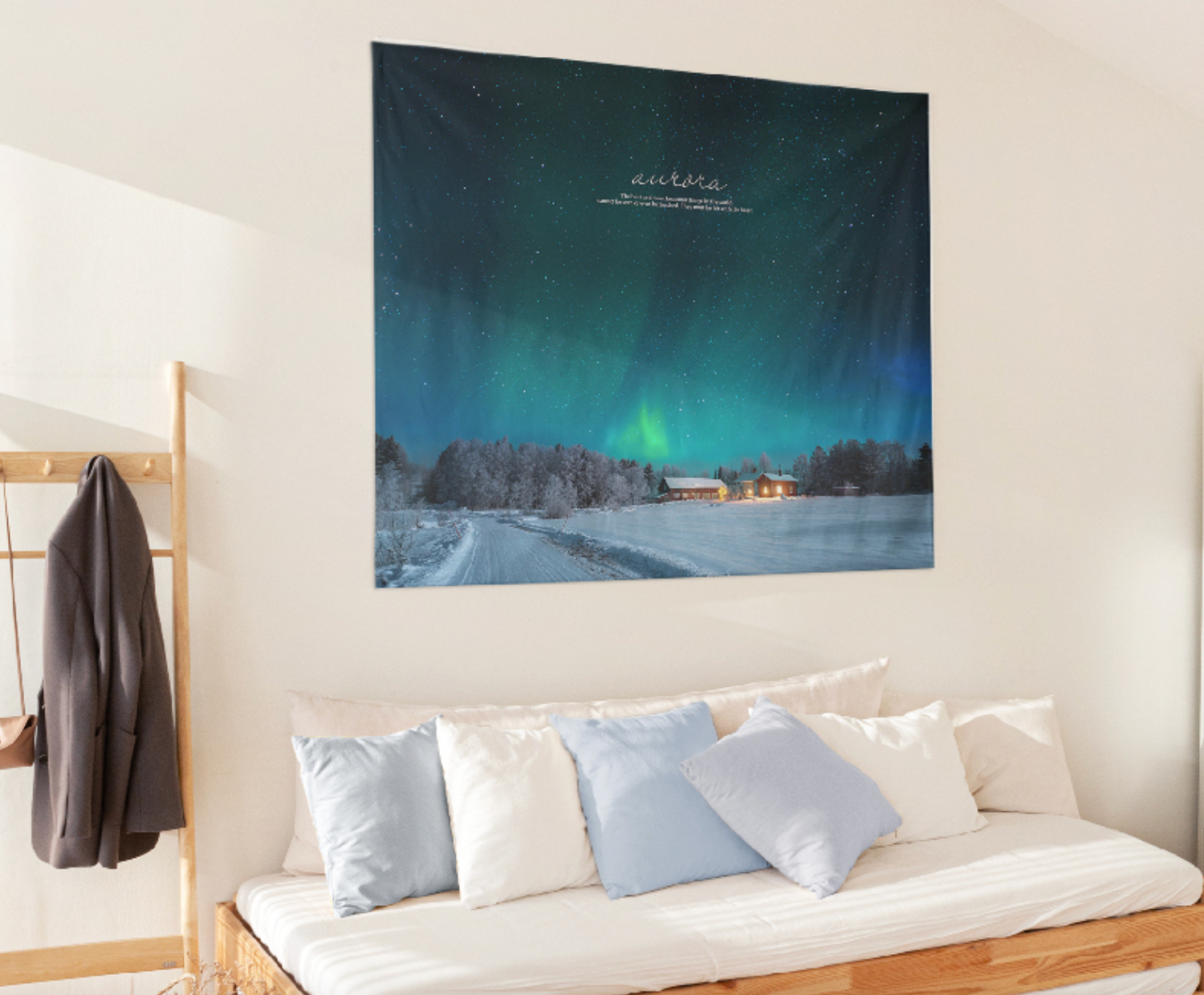 Aurora fabric poster measuring 150cm x 130cm, featuring a modern design, displayed against a neutral background.