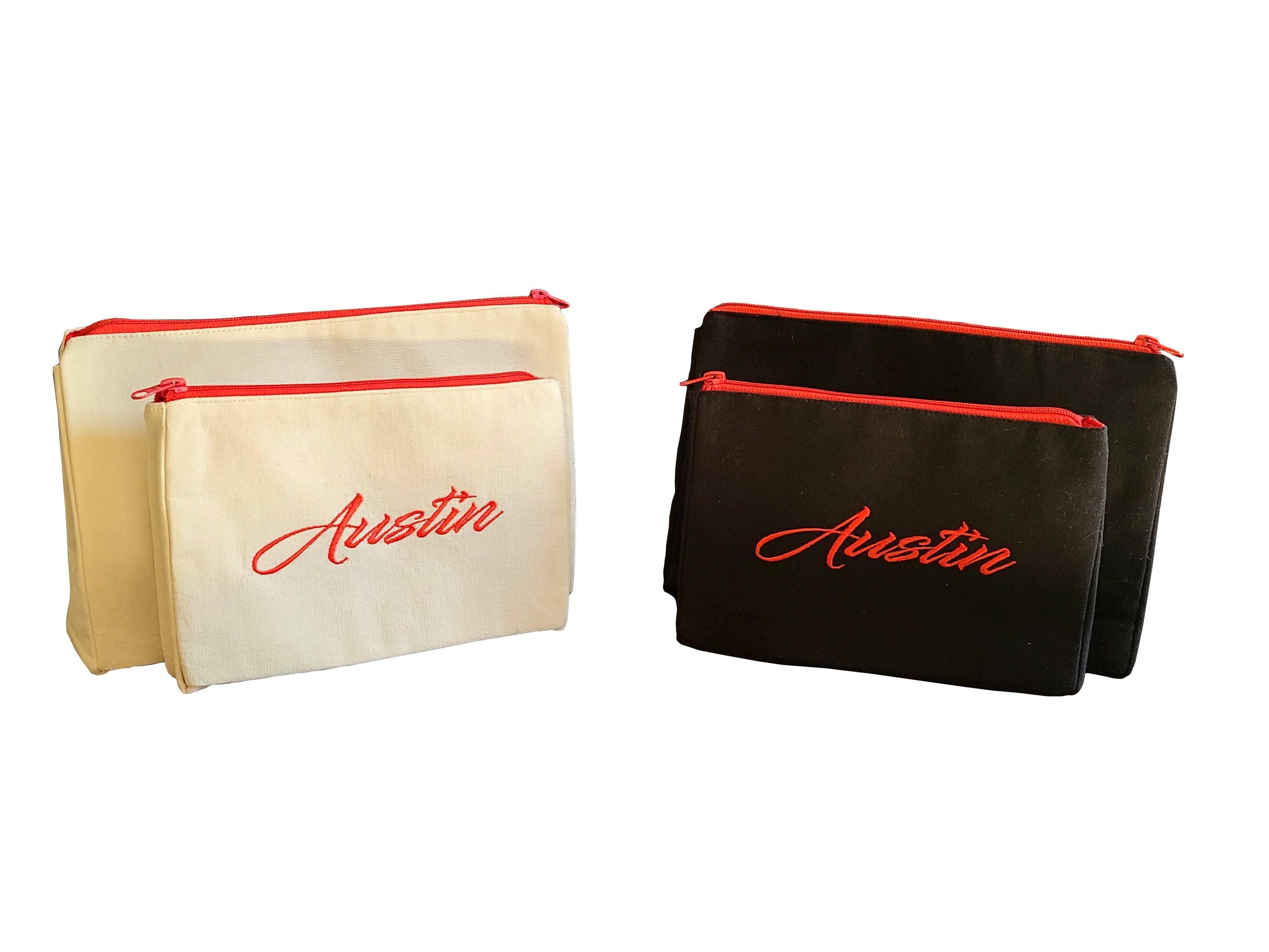 Austin Makeup Bag set featuring embroidered skyline on cream and black cotton canvas with red waterproof lining.