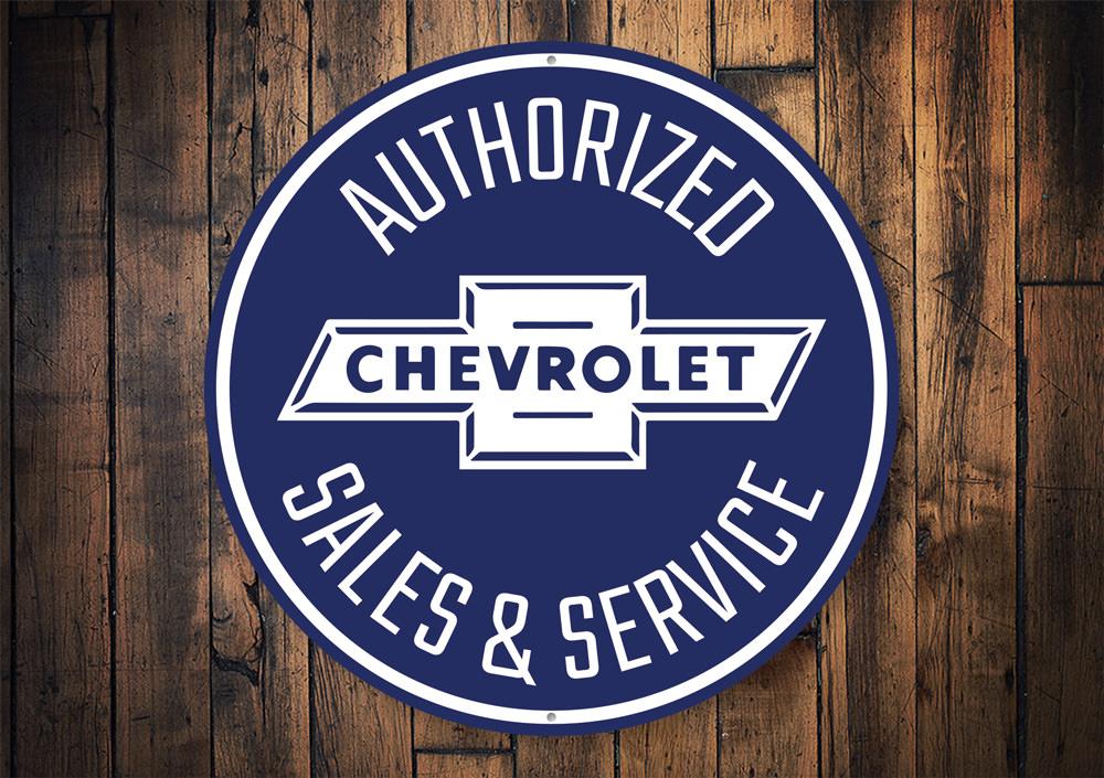 Authorized Chevy Sales and Service Car Sign made of high-quality aluminum, featuring vibrant colors and customizable text, perfect for garages and man caves.