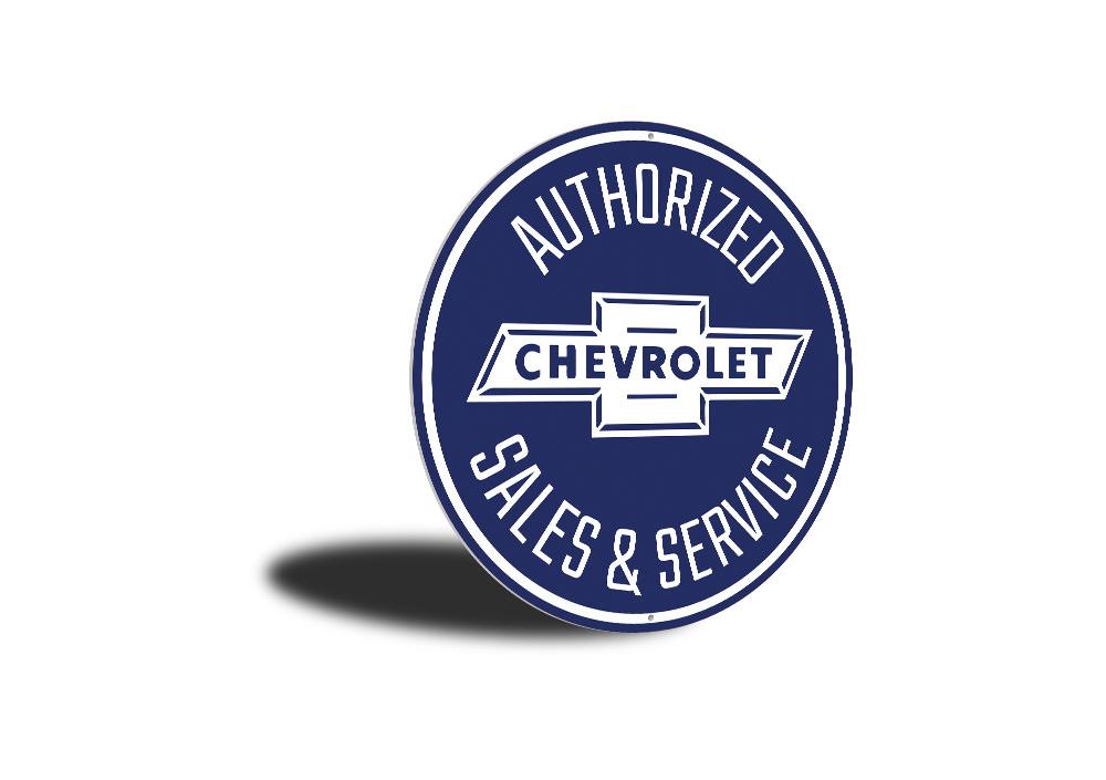 Authorized Chevy Sales and Service Car Sign made of high-quality aluminum, featuring vibrant colors and customizable text, perfect for garages and man caves.