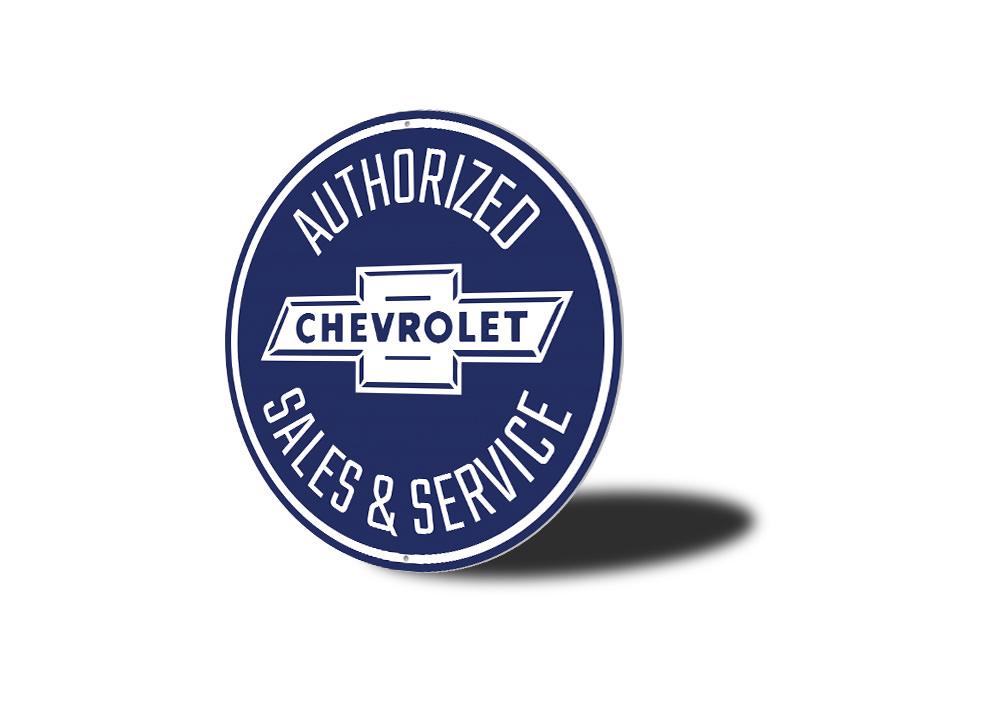 Authorized Chevy Sales and Service Car Sign made of high-quality aluminum, featuring vibrant colors and customizable text, perfect for garages and man caves.