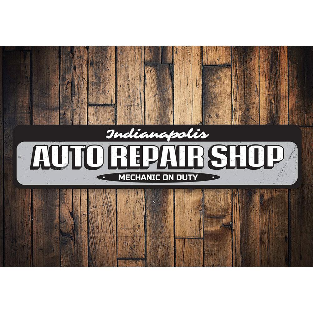 Customizable Auto Repair Shop Sign made from durable aluminum, featuring pre-drilled holes for easy mounting.