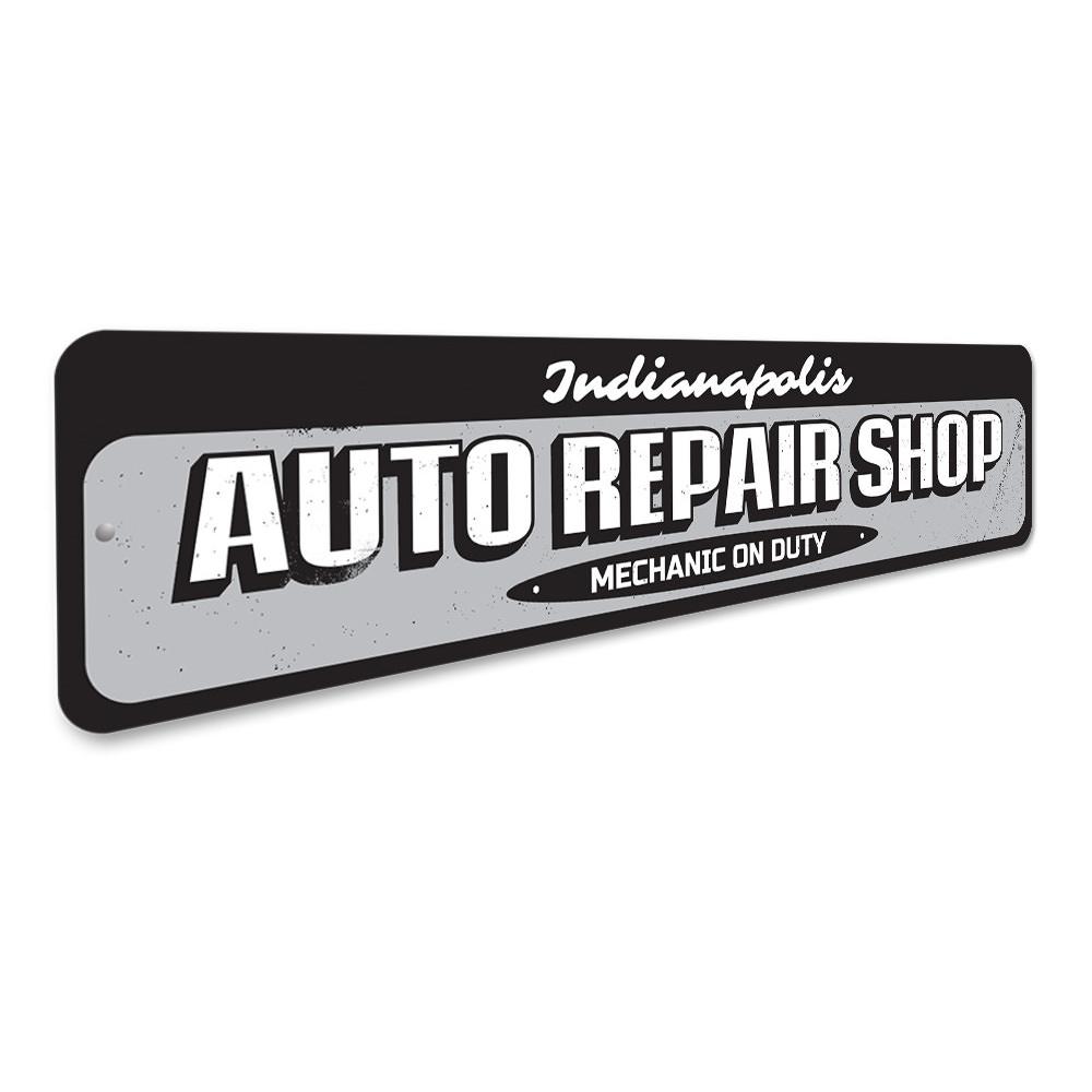 Customizable Auto Repair Shop Sign made from durable aluminum, featuring pre-drilled holes for easy mounting.