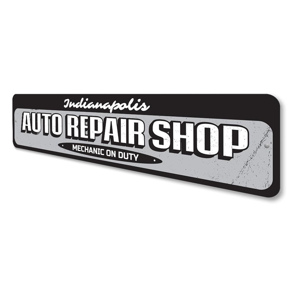 Customizable Auto Repair Shop Sign made from durable aluminum, featuring pre-drilled holes for easy mounting.