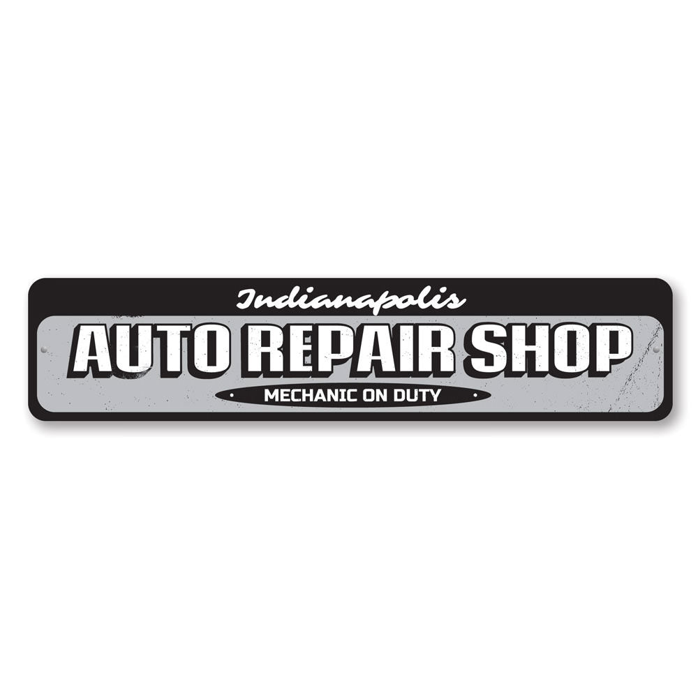 Customizable Auto Repair Shop Sign made from durable aluminum, featuring pre-drilled holes for easy mounting.