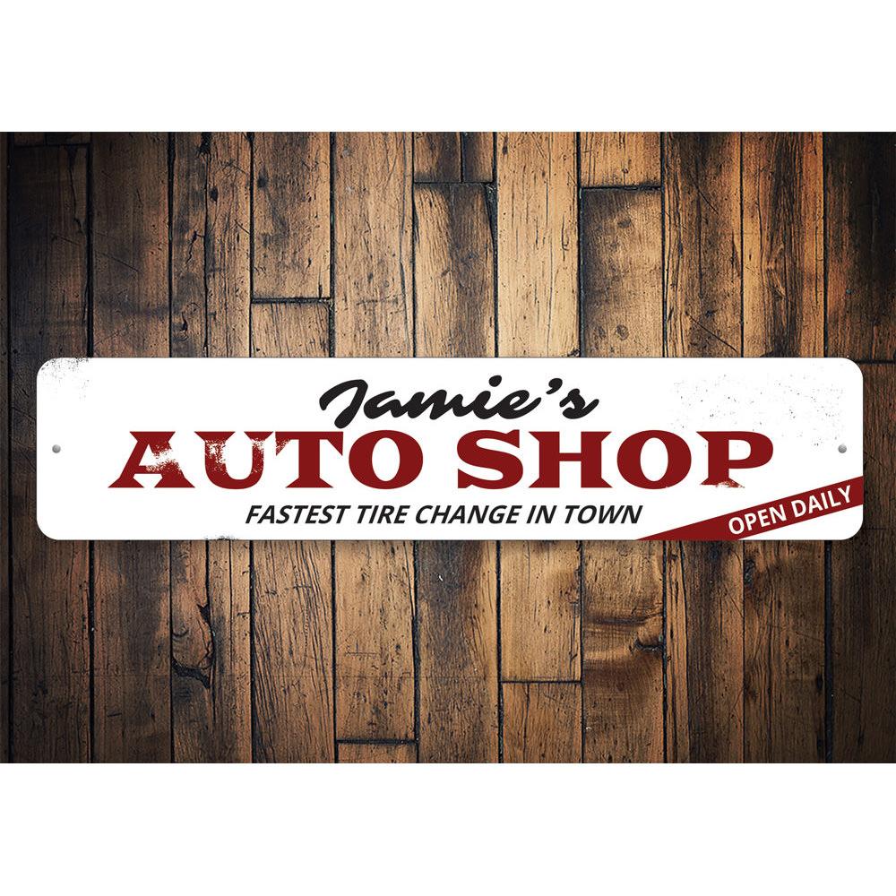 Customizable Auto Shop Sign made from durable aluminum, featuring pre-drilled holes for easy mounting.