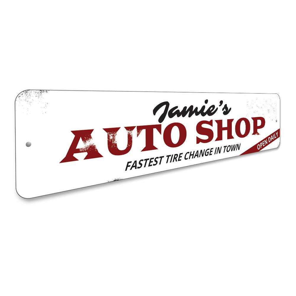 Customizable Auto Shop Sign made from durable aluminum, featuring pre-drilled holes for easy mounting.