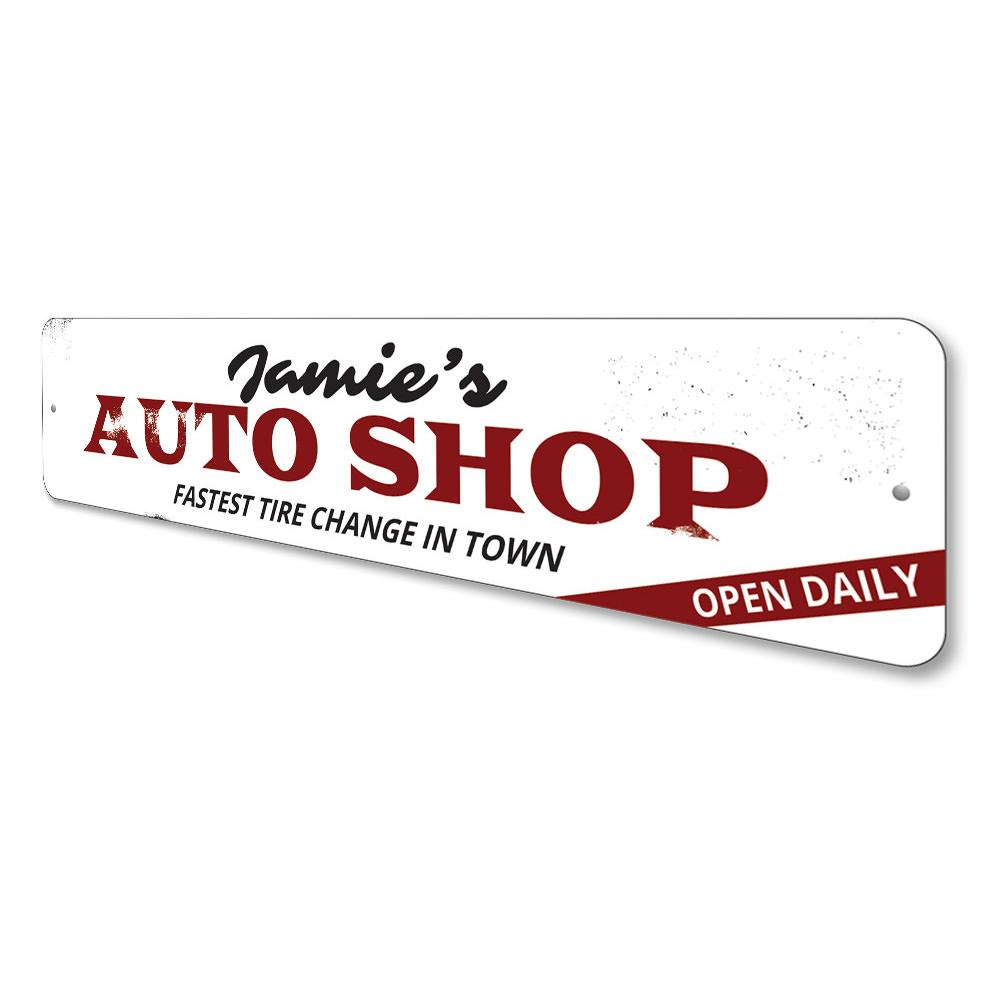 Customizable Auto Shop Sign made from durable aluminum, featuring pre-drilled holes for easy mounting.