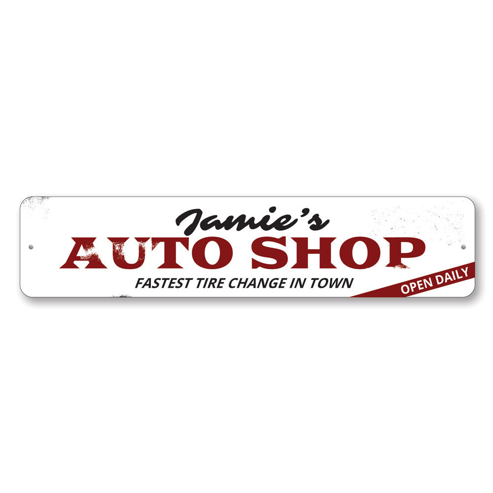 Customizable Auto Shop Sign made from durable aluminum, featuring pre-drilled holes for easy mounting.