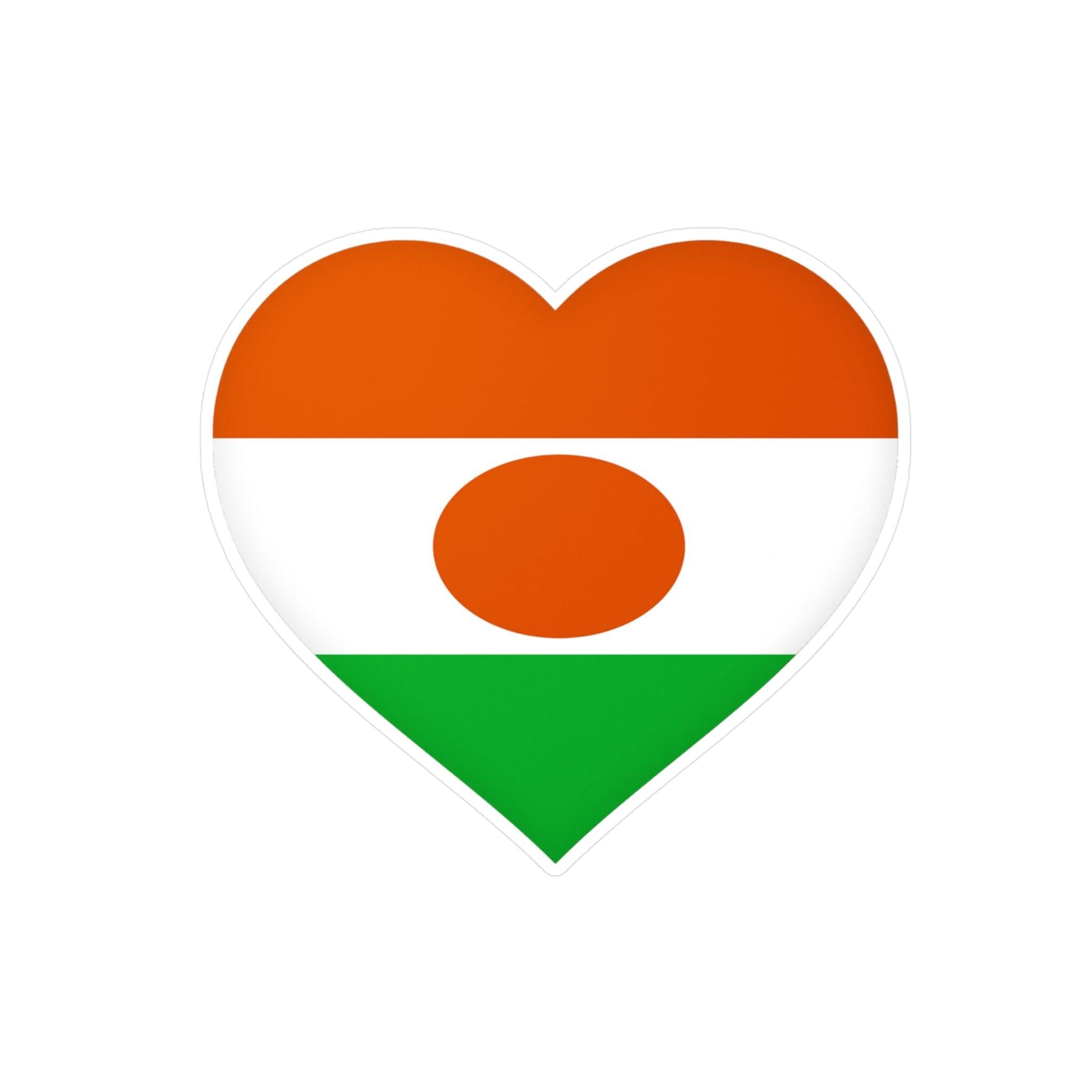 Autocollant en coeur représentant le Drapeau du Niger, en PVC durable, disponible en plusieurs tailles.